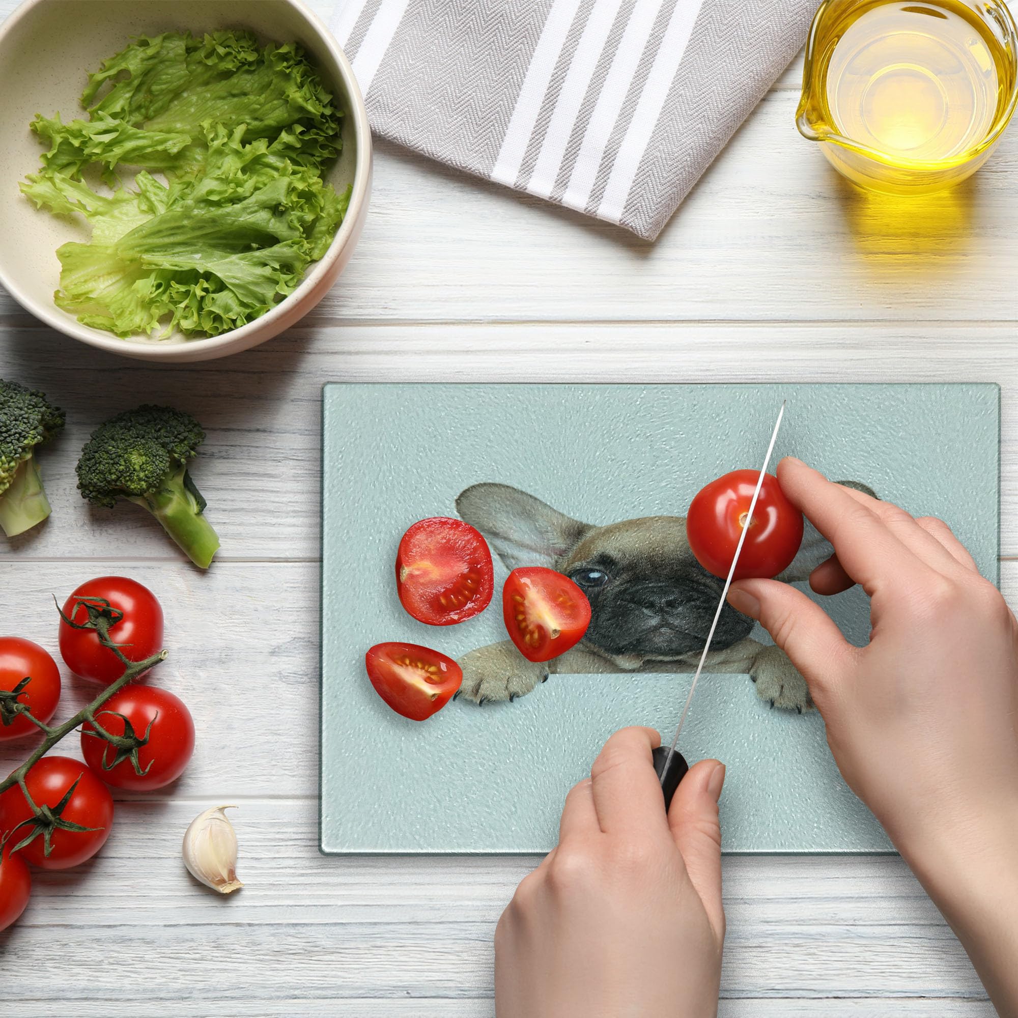 Ambesonne Bulldog Cutting Board - Pedigree Puppy Close-Up Photo Print, Tempered Glass Serving Board for Pet Lovers - Small Size (Sand Brown/White) - Perfect for Kitchen Decor, Cheese Platters & Pet-Themed Parties