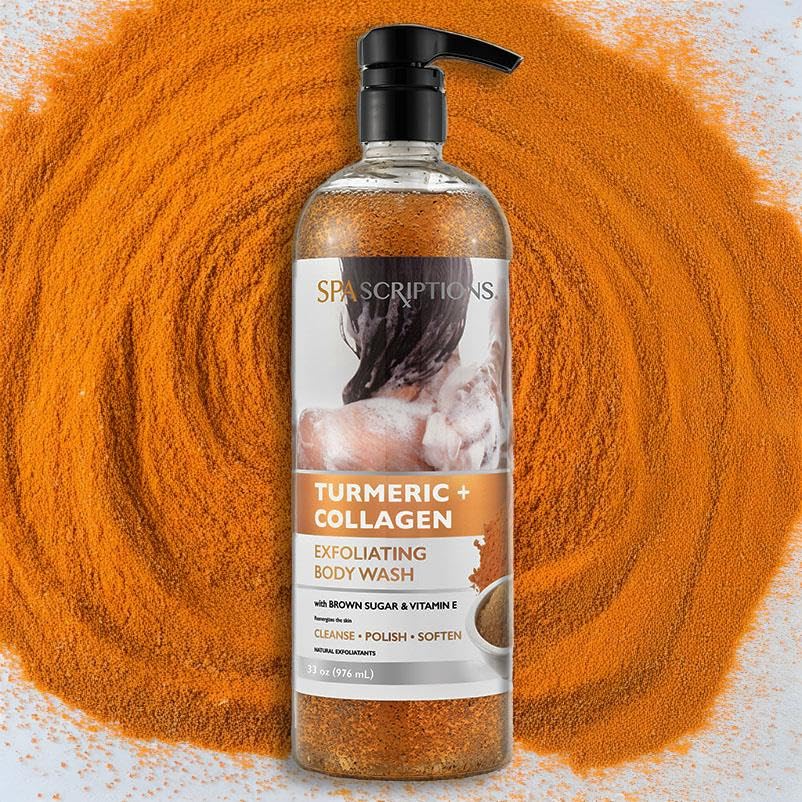 Turmeric & Collagen Exfoliating Body Wash - 33oz Brightening Body Scrub with Brown Sugar & Vitamin E | Deep Cleansing, Skin Nourishment & Glow Boost | Cruelty-Free Spa Treatment for Dry, Dull Skin | Perfect for Shower & Self-Care Routine