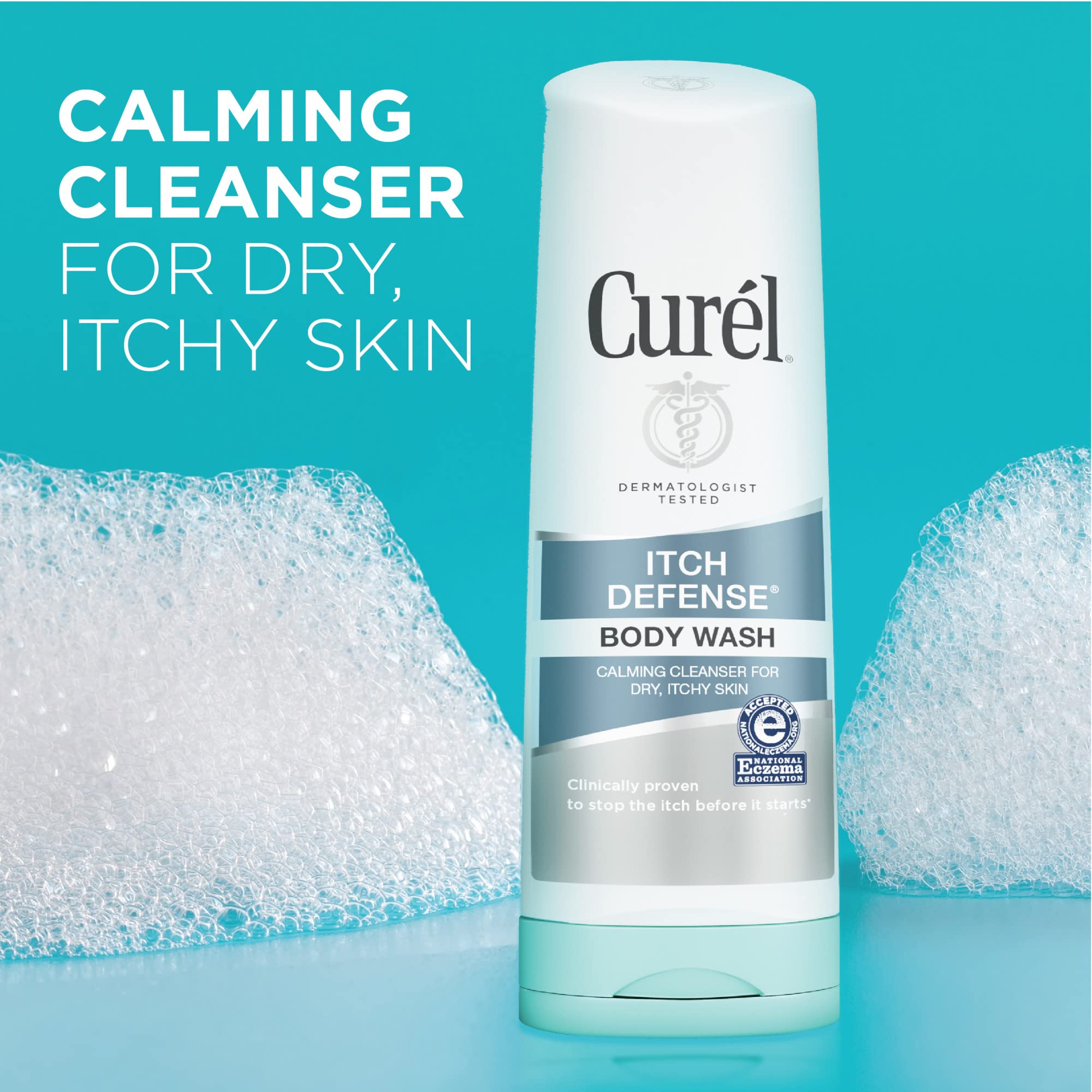 Curel Itch Defense Calming Body Wash & Daily Cleanser - Soap-Free Formula for Dry, Itchy Skin - Hydrating Jojoba & Olive Oil - 10 oz - Gentle Shower & Bath Solution for Sensitive Skin Care