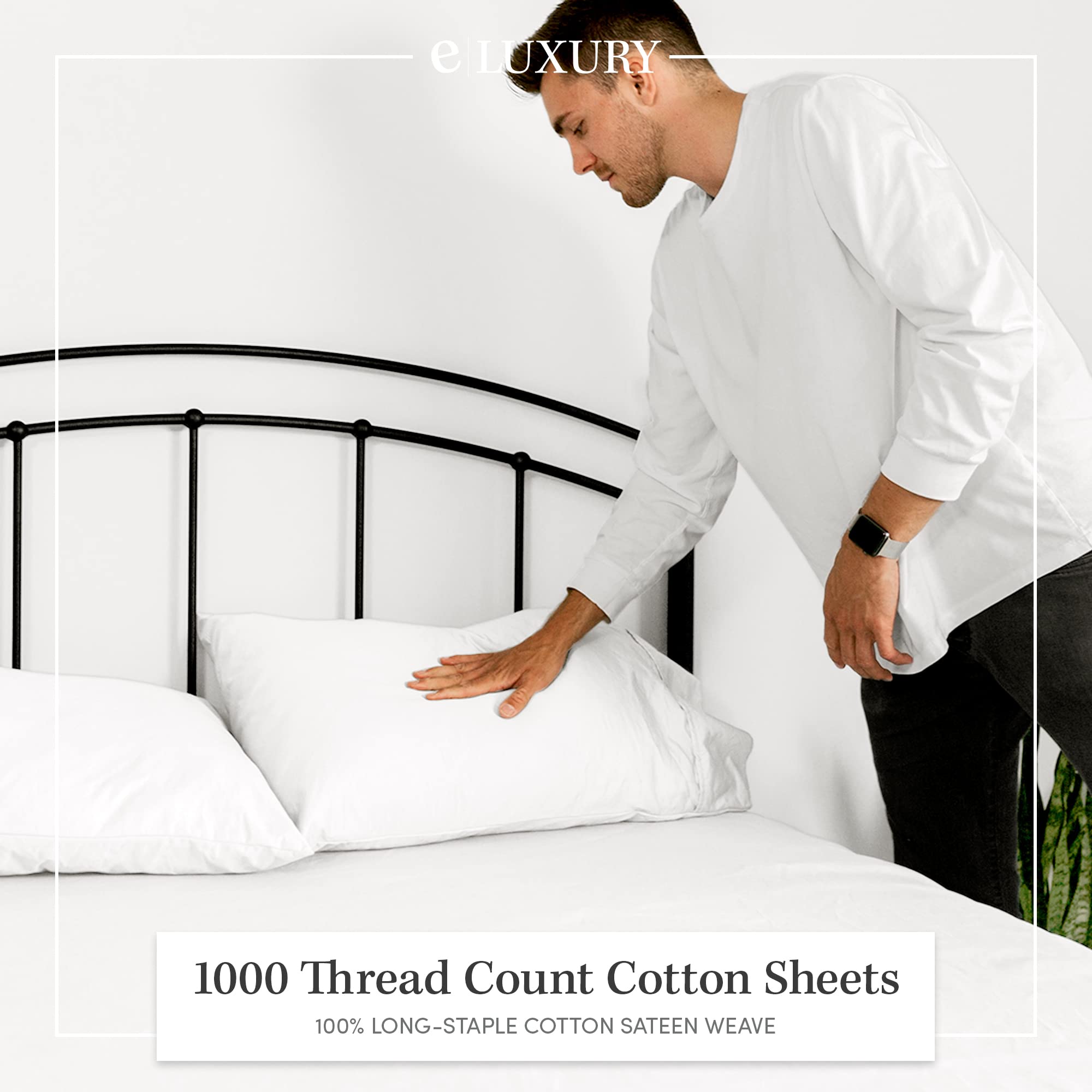 1000 Thread Count 100% Cotton Bed Sheet Set - Queen Size Deep Pocket Luxury Sheets with Flat Sheet, Fitted Sheet & 2 Pillowcases - Soft Breathable Bedding for Hotel Style Comfort - White