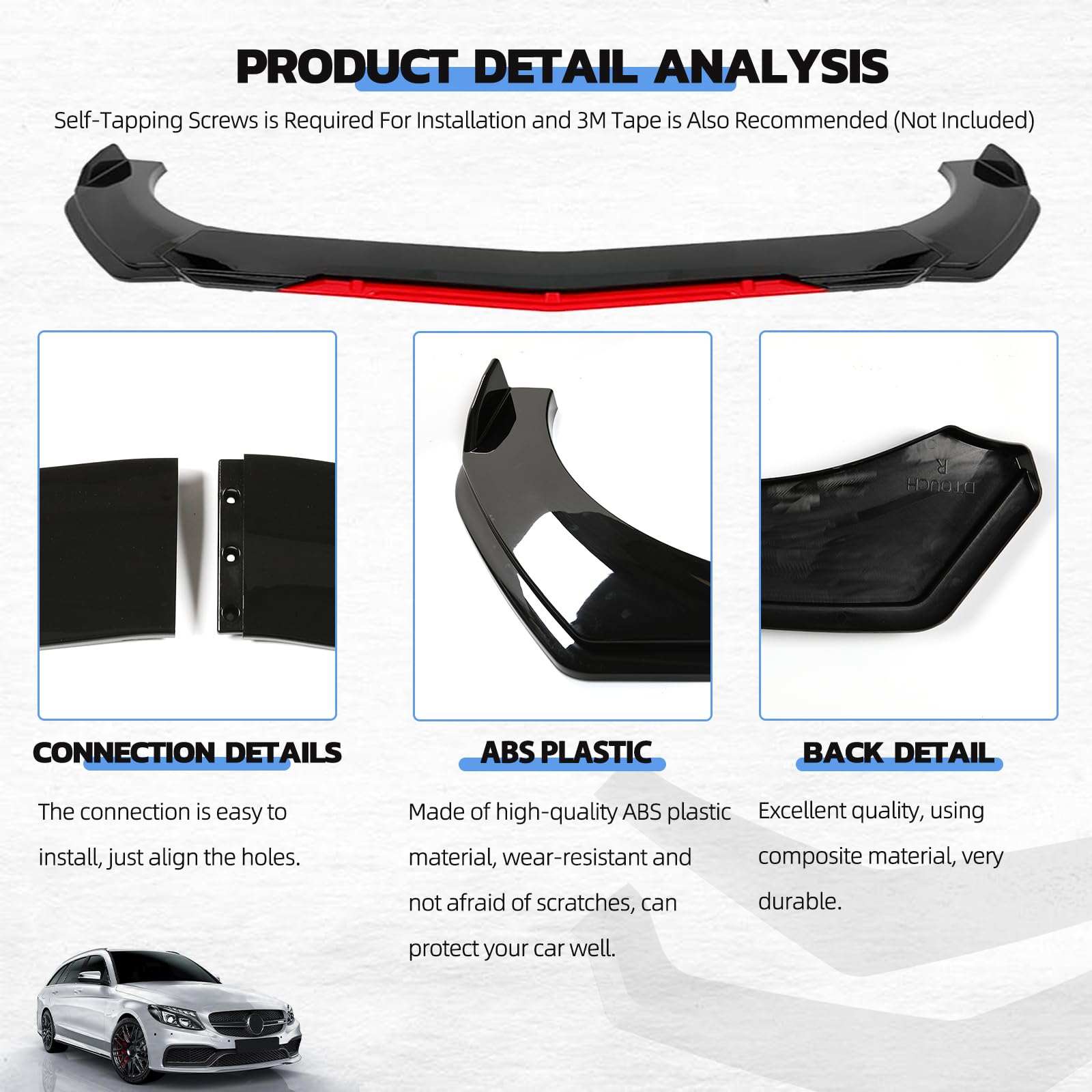Universal Front Bumper Lip for Cars - Glossy Black ABS Adjustable Front Splitter with Red Accent - Vehicle Bumper Protector & Style Enhancer for Sedans, Coupes & Sports Cars - Perfect for Racing, Car Shows & Street Style Upgrades