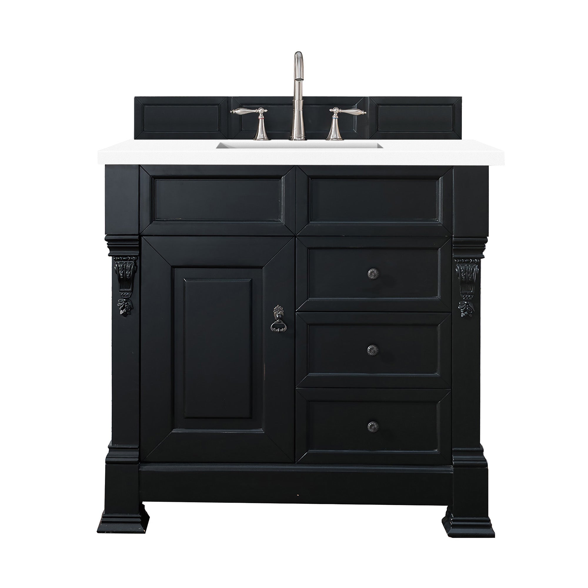 Brookfield 36 Inch Single Bathroom Vanity Set - Antique Black Finish with 3CM White Zeus Quartz Countertop | Perfect for Modern & Traditional Bathroom Remodels