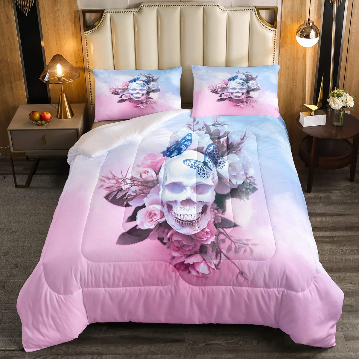 Sugar Skull Comforter Set - Floral Skull Pattern Bedding for Kids, Boys & Girls - Ultra Soft Halloween Themed Duvet Cover - Pink Full Size Bed Set - Perfect for Kids' Rooms, Themed Parties & Spooky Decor