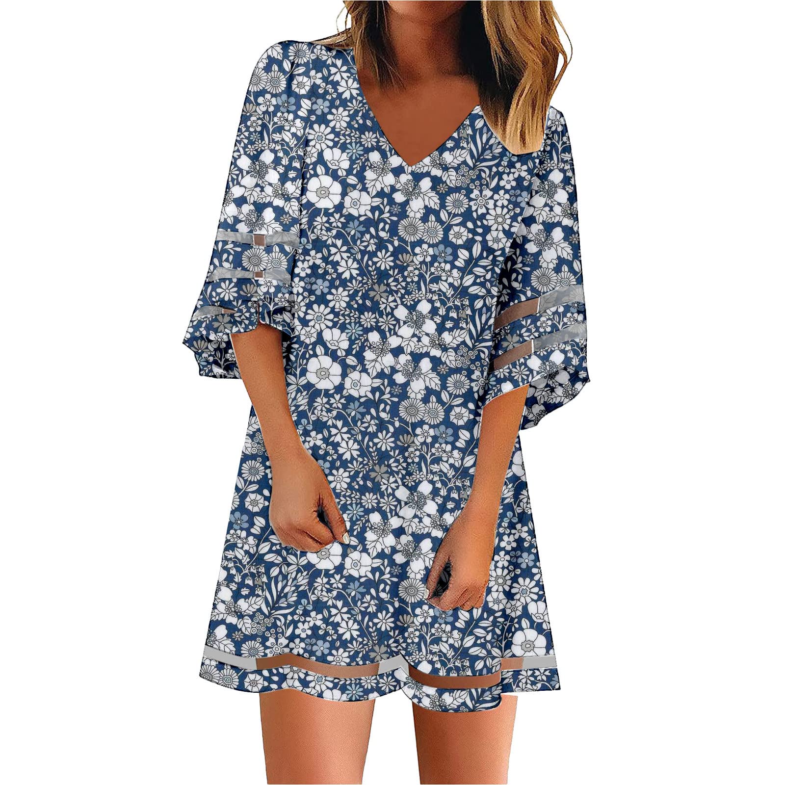 Women's Casual Summer Dress - V-Neck Solid Color Floral Print Three-Quarter Sleeve Dress | Perfect for Beach Vacation, Garden Party & Summer Outings