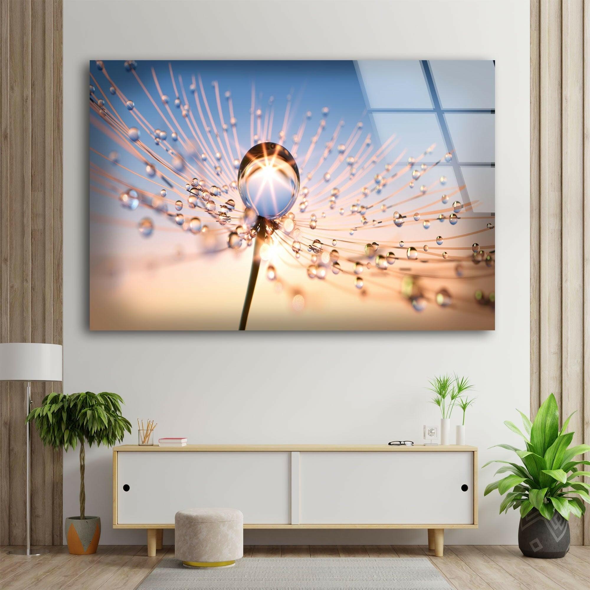Dandelion Glass Wall Art with Sun Drops - Handmade Nature-Inspired Decor for Living Room, Bedroom, or Office