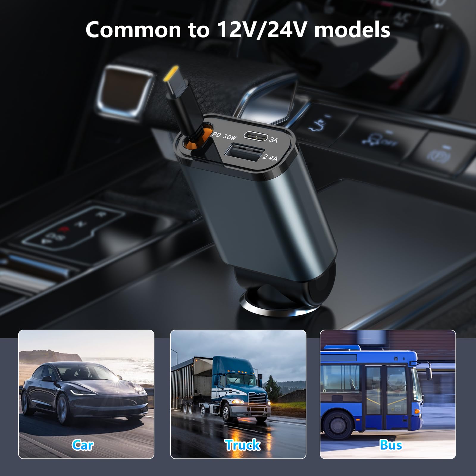 Rocketek 30W PD USB C Car Charger with Retractable Cable - 3-in-1 Fast Charging for iPhone 16/15/14, MacBook Pro/Air, iPad, Galaxy, AirPods - Perfect for Road Trips & Daily Commutes