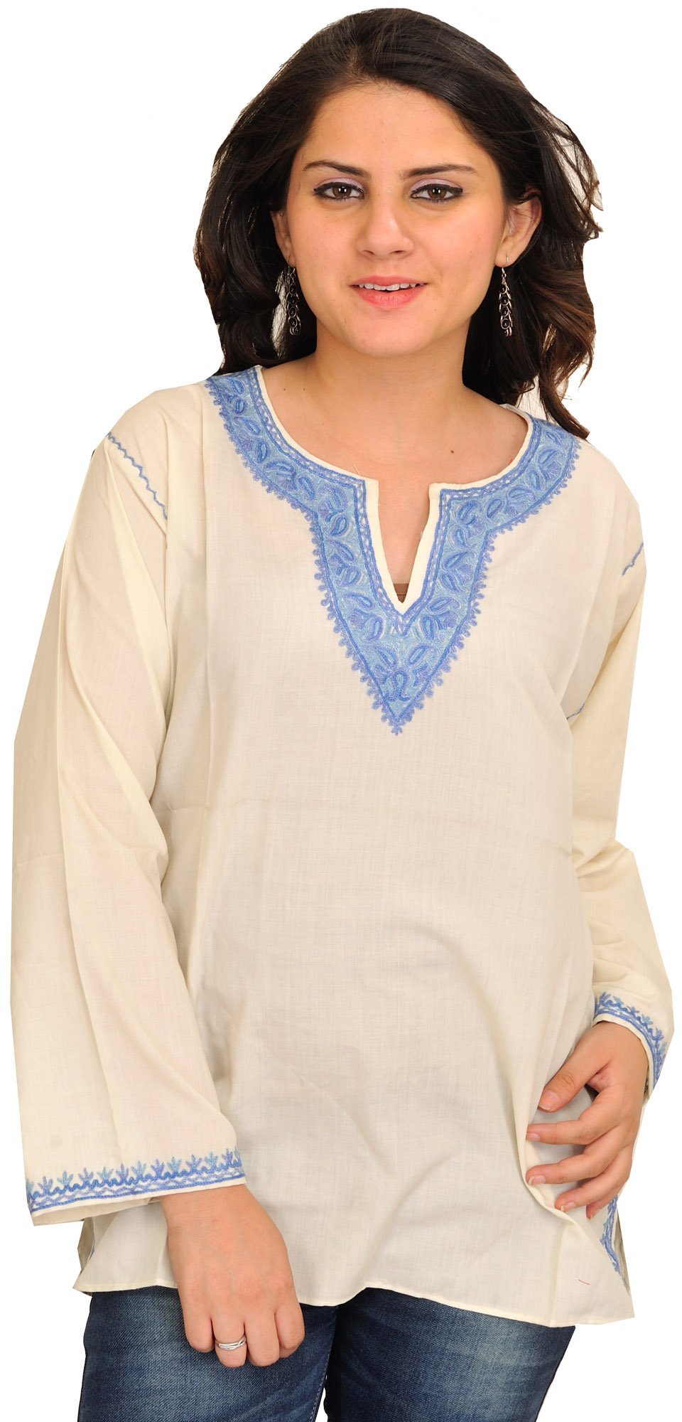 Hand Embroidered Kashmiri Kurti - 100% Pure Cotton Women's Tunic Top for Casual Wear & Festive Occasions