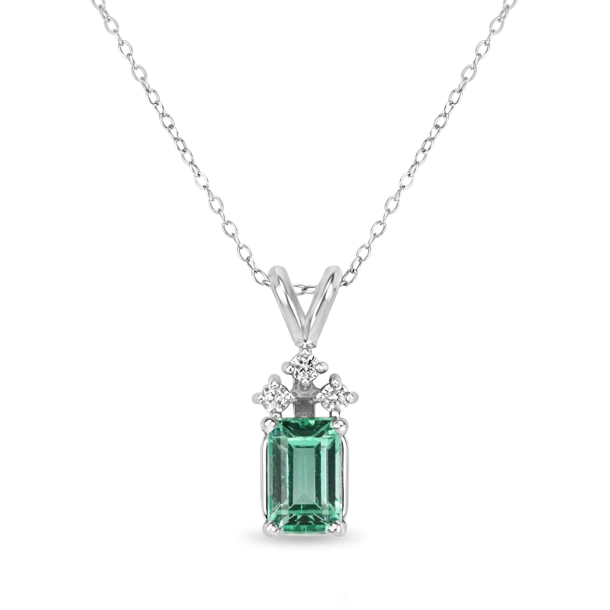 1.56tcw Petite Emerald Cut Emerald & 3 Diamond Accent Necklace in 14K Gold - Elegant Jewelry for Women, Perfect for Weddings, Anniversaries & Special Occasions
