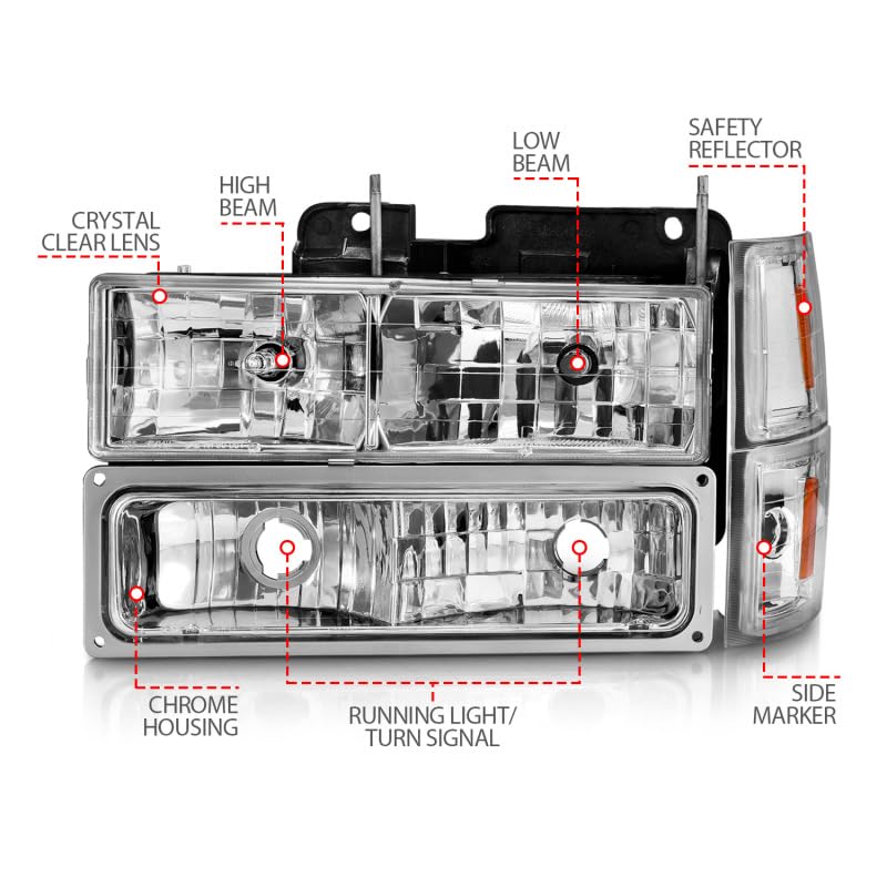 Anzo USA Crystal Clear Headlights for 88-98 Chevy C1500 - Chrome Housing with Integrated Turn Signal & Side Marker Lights (111506) - Perfect for Truck Restoration & Night Driving Safety