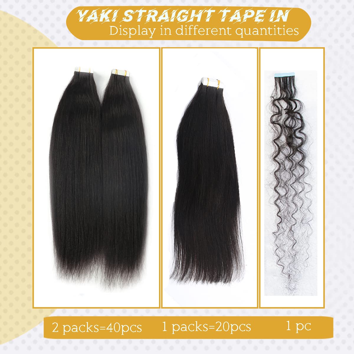 20 Inch Yaki Tape in Hair Extensions - 50g 20pcs Human Remy Hair for Black Women | Seamless Skin Weft, Yaki Straight, Natural Black Color | Perfect for Daily Wear, Styling, and Special Occasions