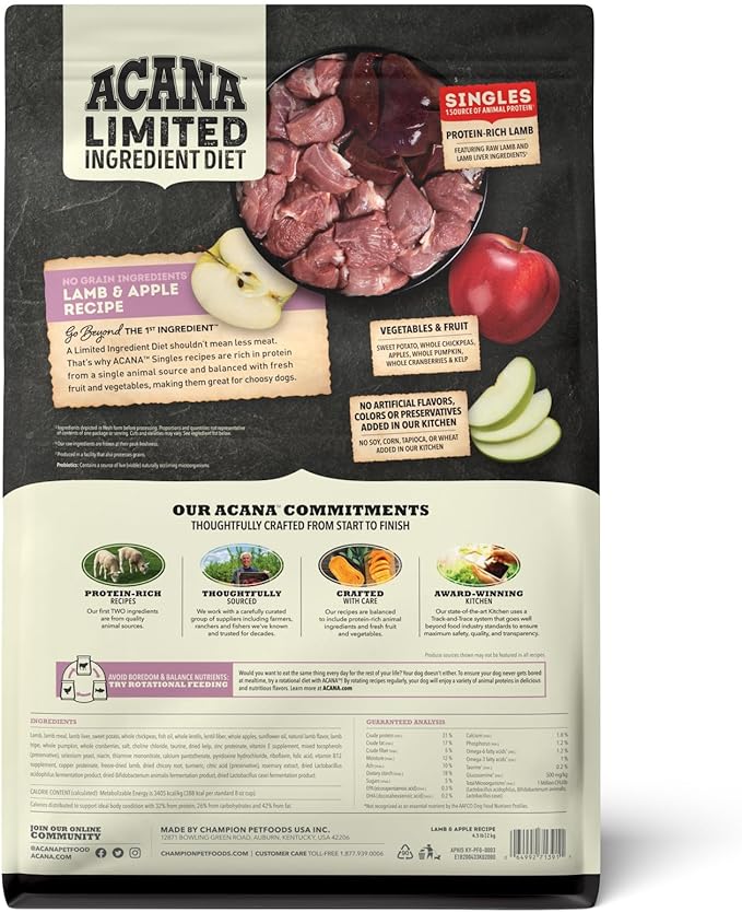 Acana Grain-Free Dry Dog Food with Lamb & Apple - High Protein, Natural Ingredients for Adult Dogs - Perfect for Sensitive Stomachs & Allergies