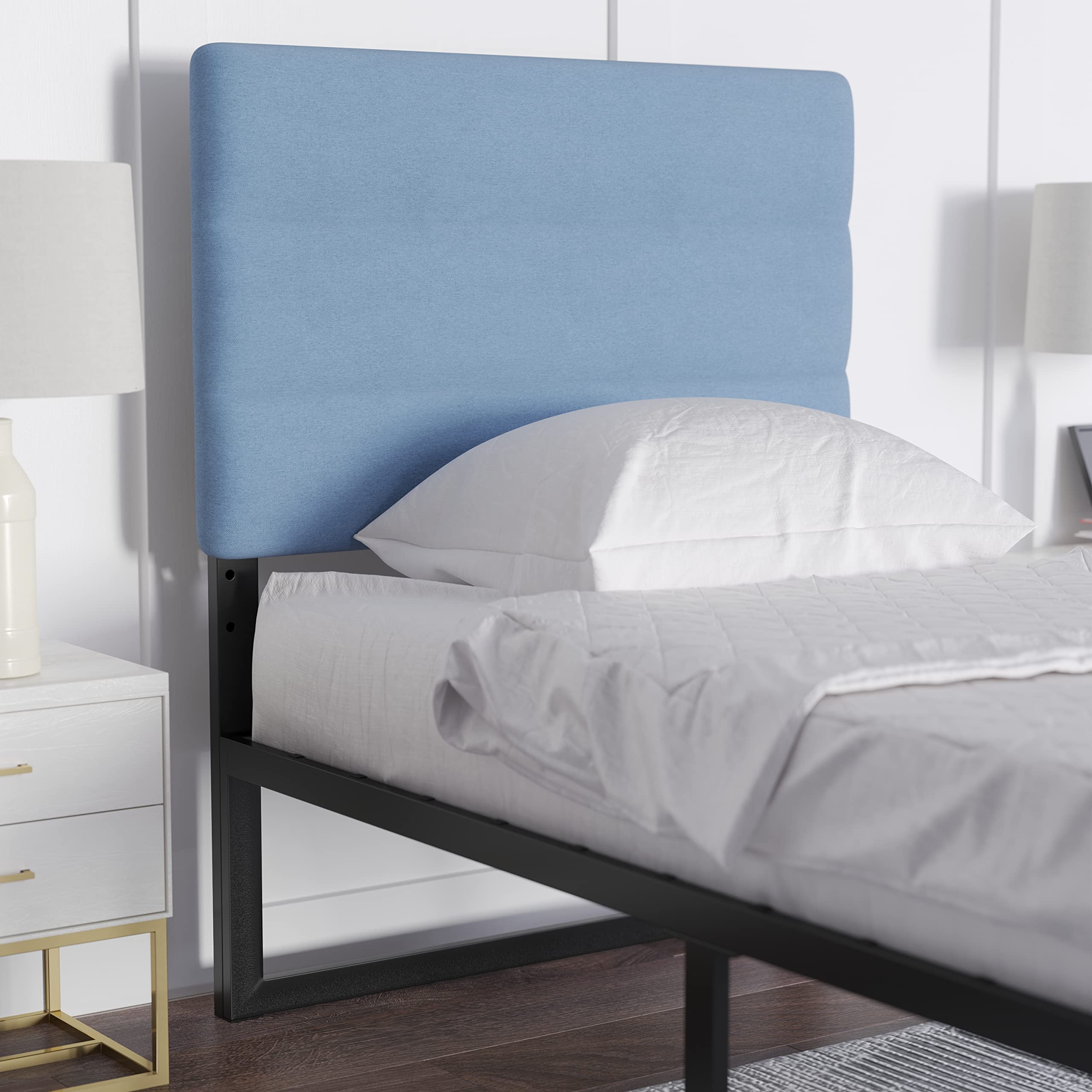 EMMA + OLIVER Gannon Twin Headboard - Blue Fabric Upholstered Adjustable Height Bed Headboard - Easy 30-Min Assembly - Fits Most Bed Frames (Not Included) - Perfect for Kids' Rooms, Guest Bedrooms & Dorm Decor