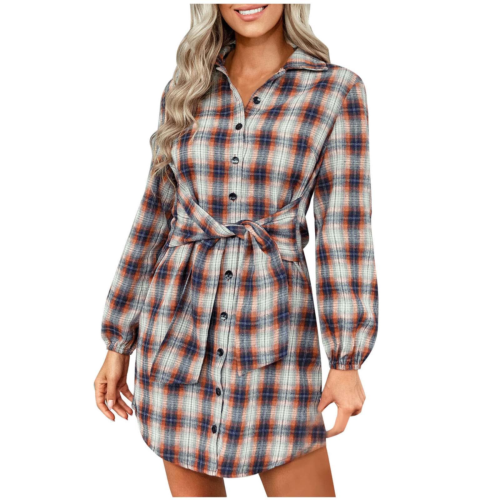 TOPRenddon Women's Casual Plaid Shirt Dress - Long Sleeve V-Neck High Waist A-Line Midi Dress for Fall | Perfect for Office, Date Night & Autumn Outings