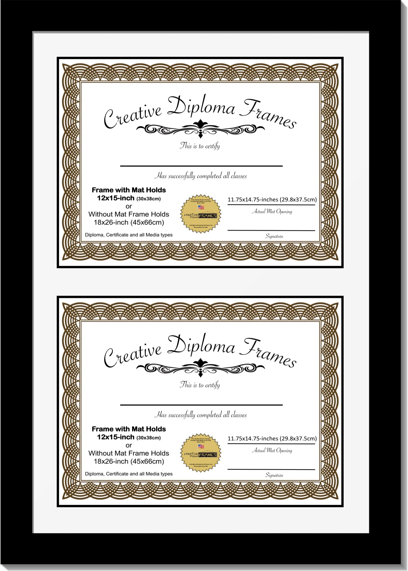 12x15 Inch Classic Black Double Diploma Picture Frame with White Mat & Glass - Wall Mountable for Graduation, Office Decor, and Home Display