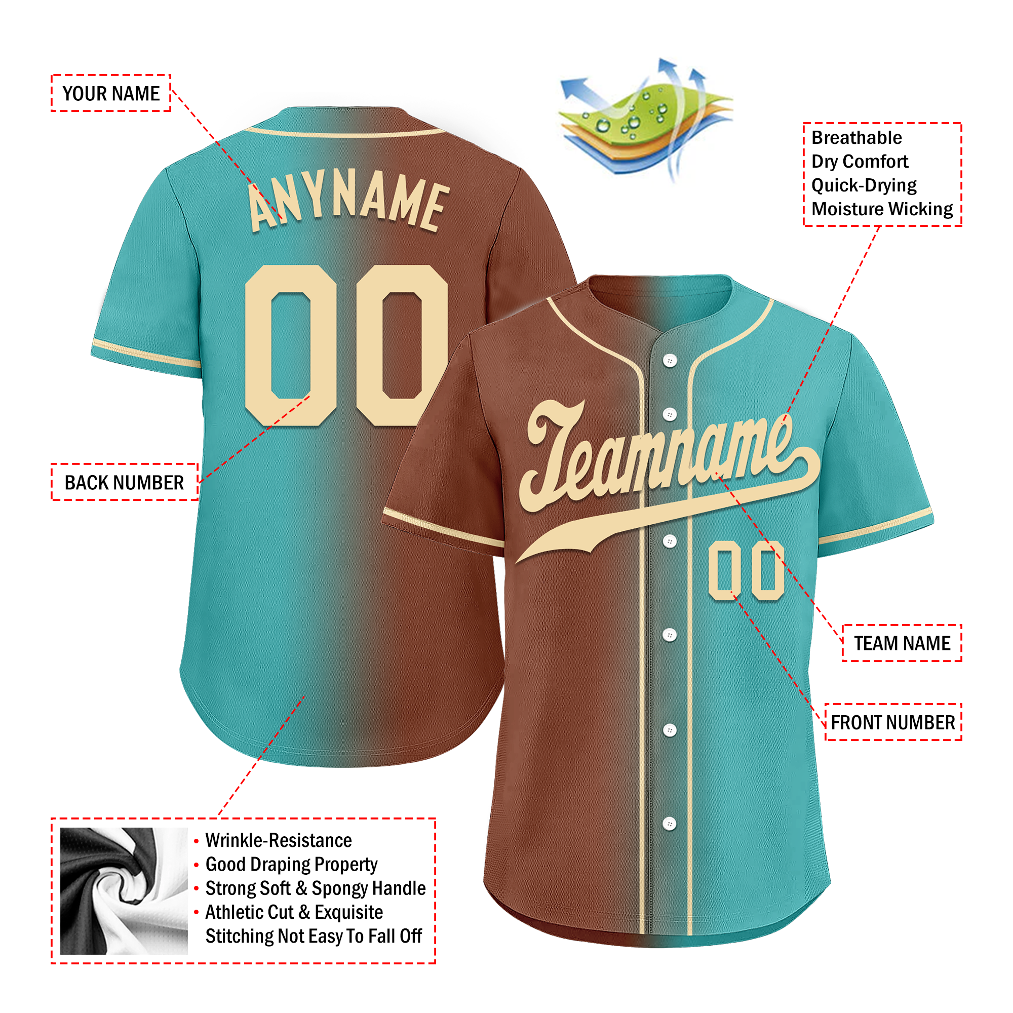 Custom Brown Cyan Gradient Personalized Baseball Jersey - Authentic Fashion Sportswear BSBJ01 D0a7088 for Team Uniforms, Fan Gear & Casual Streetwear