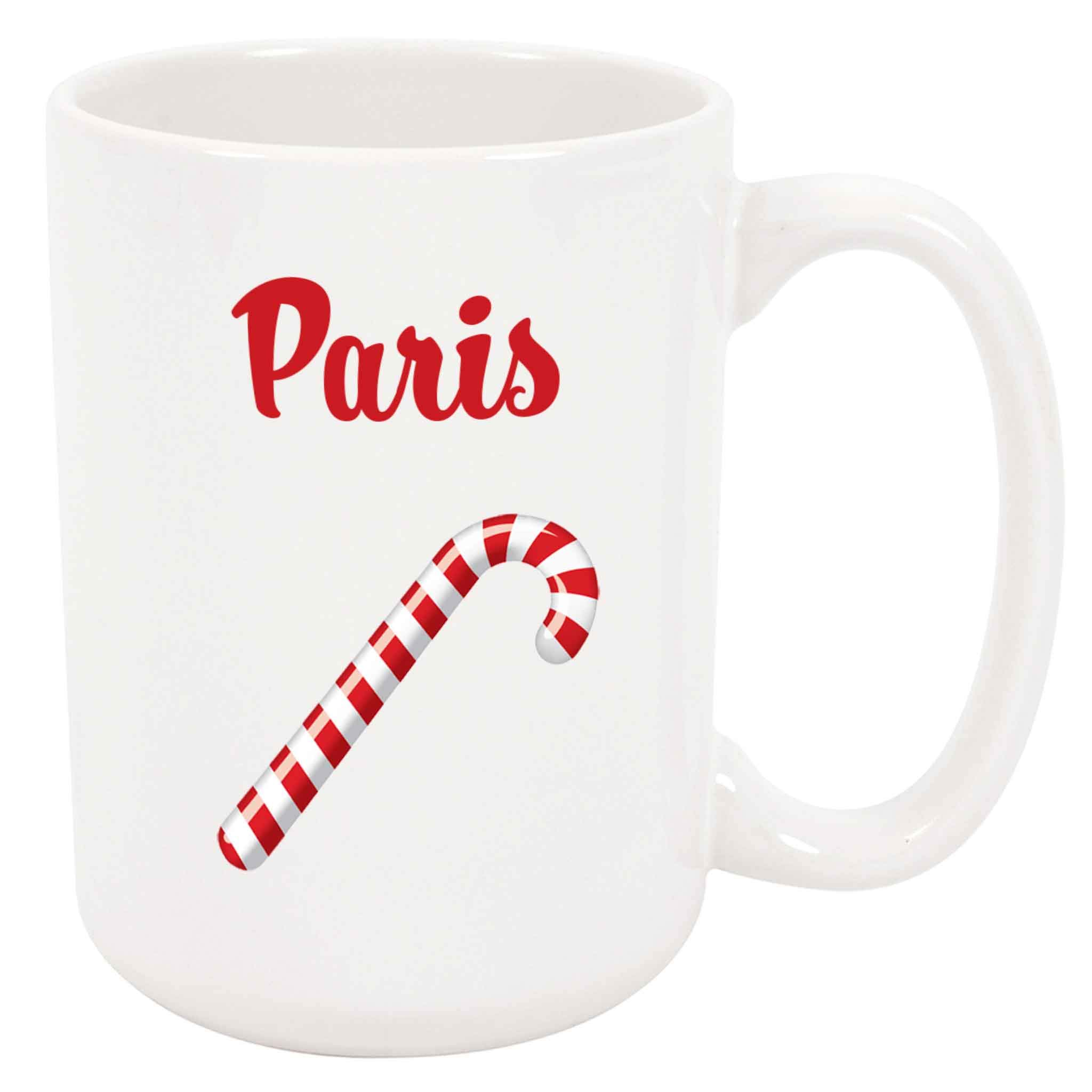 Paris-Themed Candy Cane Coffee Mug - 15oz Ceramic Christmas Holiday Cup for Hot Drinks - Perfect for Gift Giving, Office Use & Cozy Winter Mornings