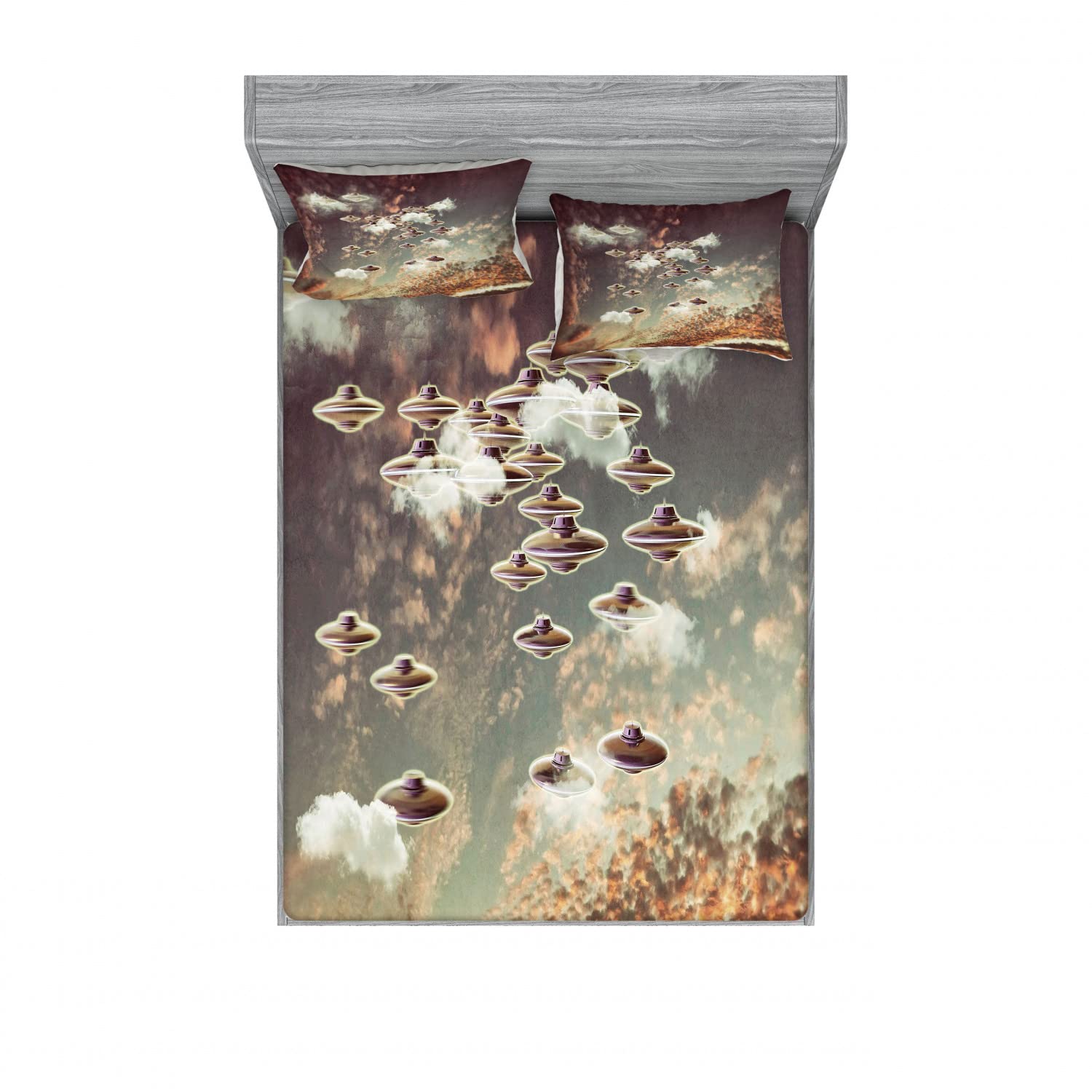 Ambesonne Queen Size 2-Pack Outer Space Bedding Set - UFO & Cloudy Sky Print Fitted Sheets & Pillow Shams (4-Piece Set, Multicolor) for Sci-Fi Themed Bedroom Decor & Space Enthusiasts