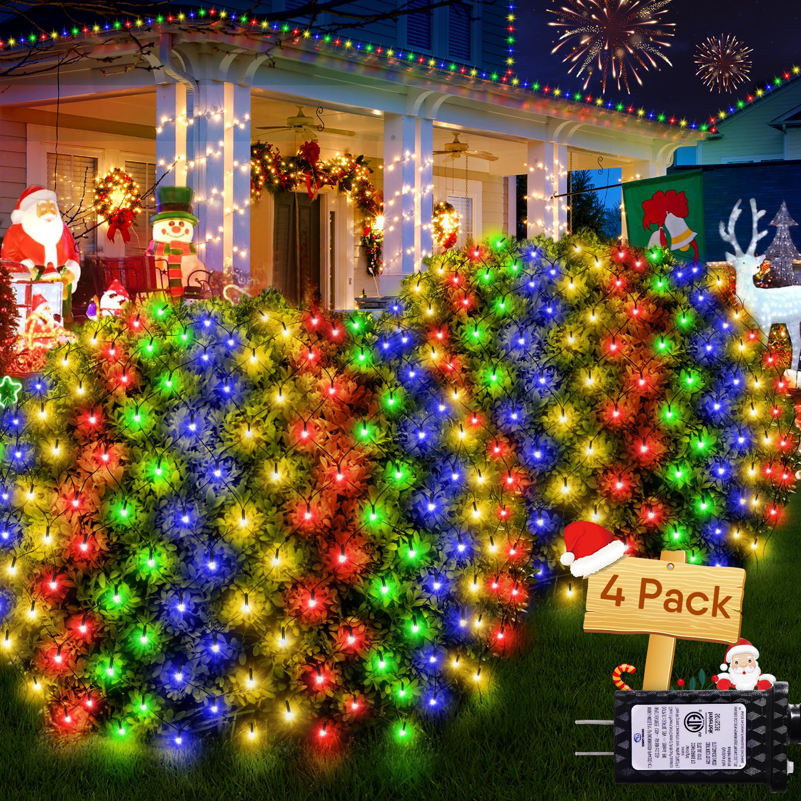 Hezbjiti 4-Pack Christmas Net Lights - 280 LED Outdoor Waterproof Mesh Lights (9.8FT x 6.6FT) with 8 Lighting Modes, Green Wire for Bushes, Trees, Lawn, Yard & Garden Decor - Perfect for Holiday, Party & Christmas Decoration