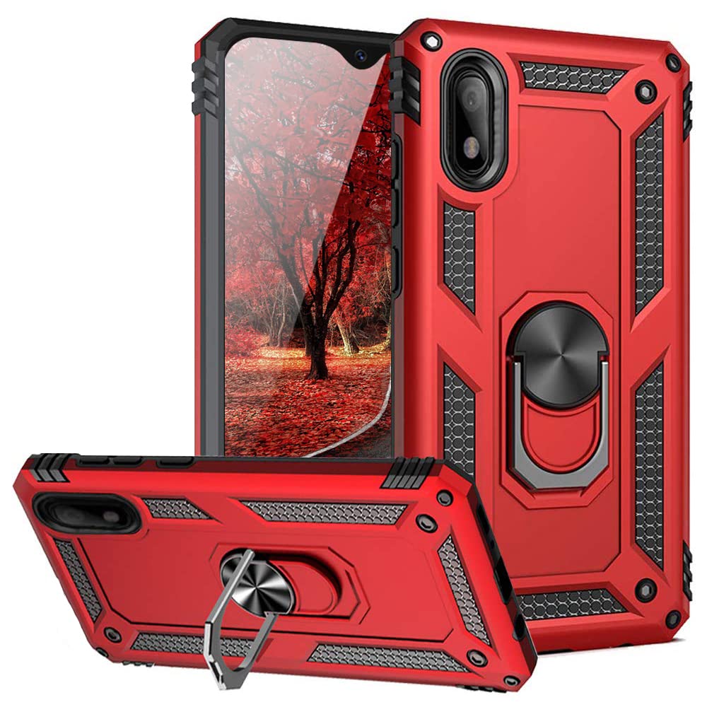 Samsung Galaxy A10E Case with Metal Ring Kickstand & Magnetic Support - Heavy Duty Drop Protection Defender Phone Cover (Red) | Perfect for Outdoor Activities, Work & Travel