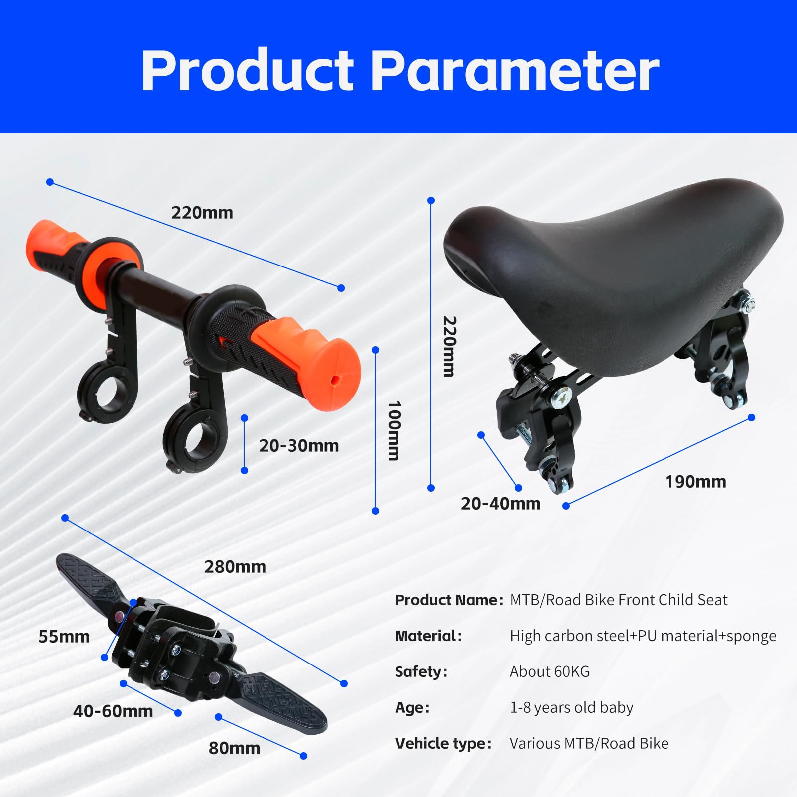 Front Mount Kids Bike Seat - Detachable Handlebar Child Bicycle Seat with Foot Pedals for Toddlers 2-5 Years | Compatible with All Adult Mountain Bikes | Perfect for Family Cycling & Outdoor Adventures