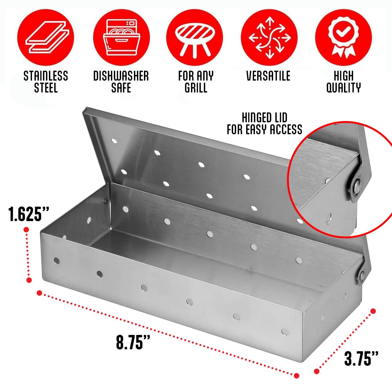 Premium Stainless Steel Smoker Box for Gas & Charcoal Grills - Universal Wood Chip Smoker Box with Hinged Lid for Delicious BBQ Flavor - Perfect for Backyard Grilling, Camping & Outdoor Cooking Accessories