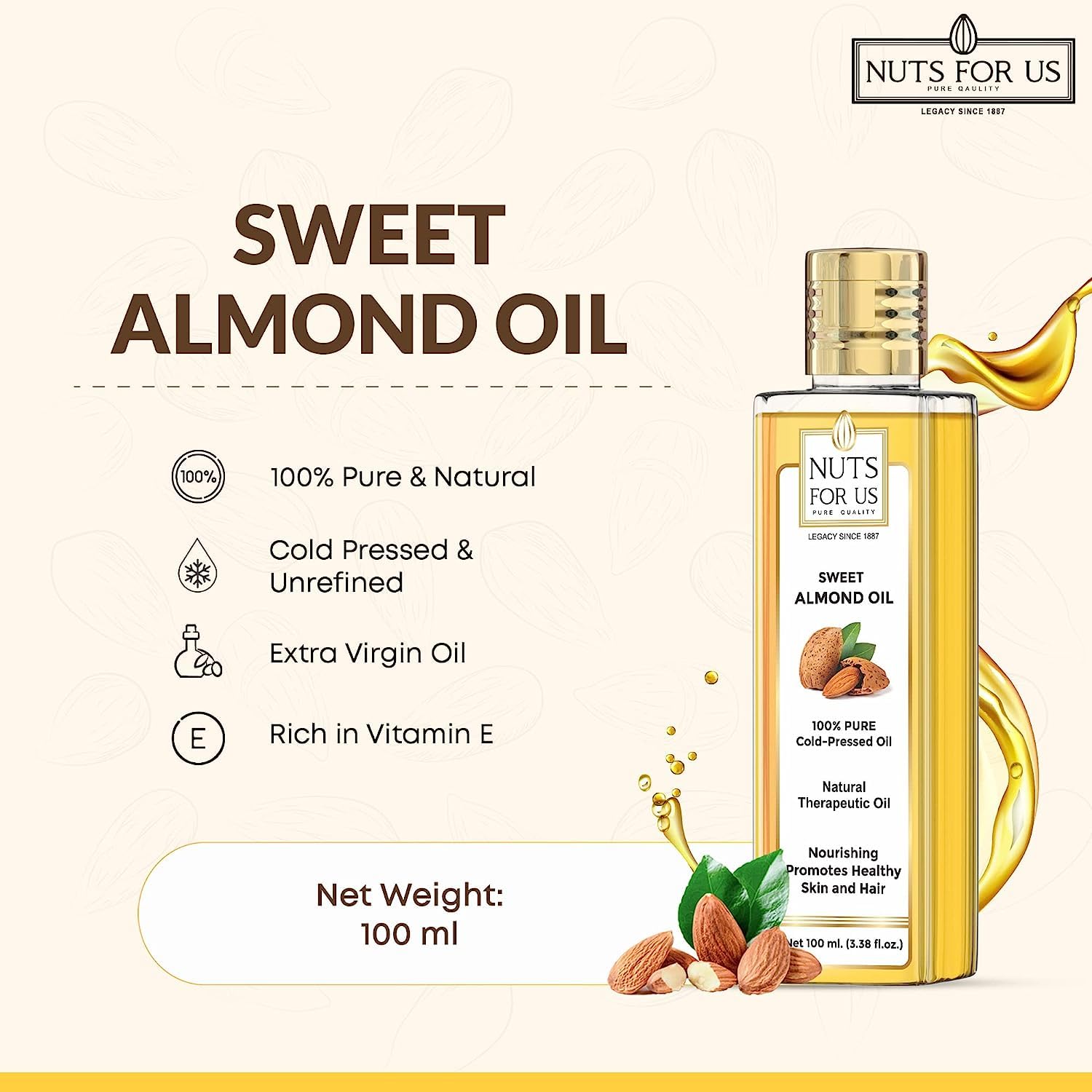 Organic Cold Pressed Sweet Almond Oil with Vitamin E - 2 Pack (100g Each) for Healthy Skin, Hair & Body Care | Natural Moisturizer for Face, Scalp & Massage | Pure Unrefined Carrier Oil for DIY Beauty Recipes