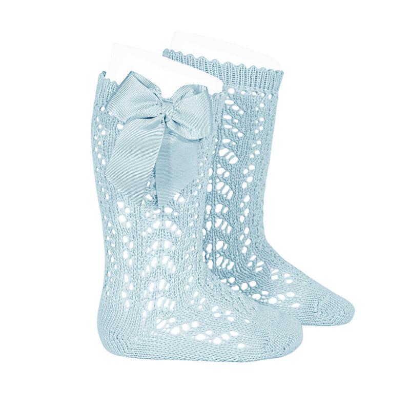 Aquamarine Lace Bow Socks - Elegant Openwork Design for Women - Perfect for Weddings, Parties & Special Occasions