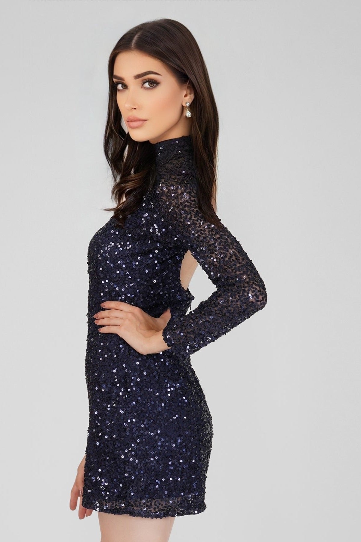 Mady Long Sleeve Sequin Mini Dress in Dark Blue - Elegant Party Dress for Women, Perfect for Cocktail Parties, Night Out, and Special Occasions
