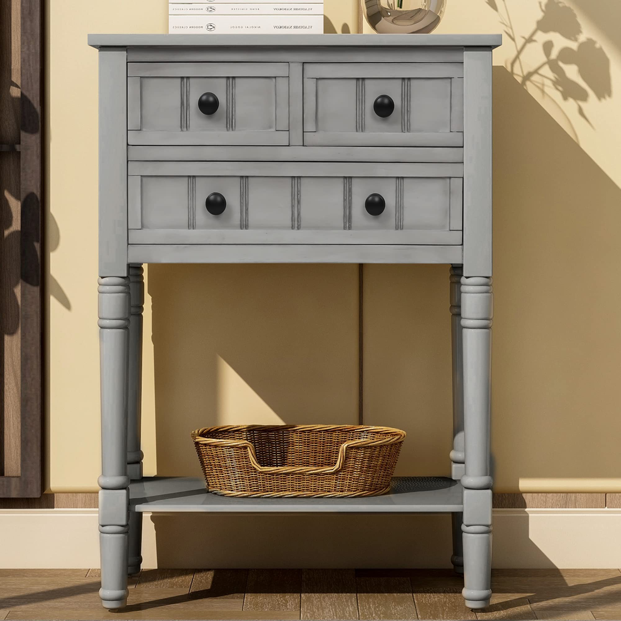 P PURLOVE Wooden Sofa Table with 3 Drawers - Entryway Console Table with Storage Shelf | Easy Assembly Living Room Furniture | Perfect for Hallway, Foyer & Small Space Organization (Gray Wash)