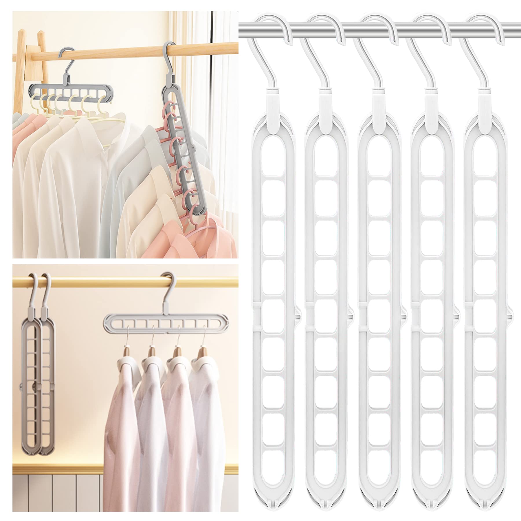5 Pack Multifunctional Space Saving Closet Organizer Hangers - Durable White Plastic Hooks for Shirts, Dresses & Clothes Storage - Perfect for Bedroom, Closet & Wardrobe Organization