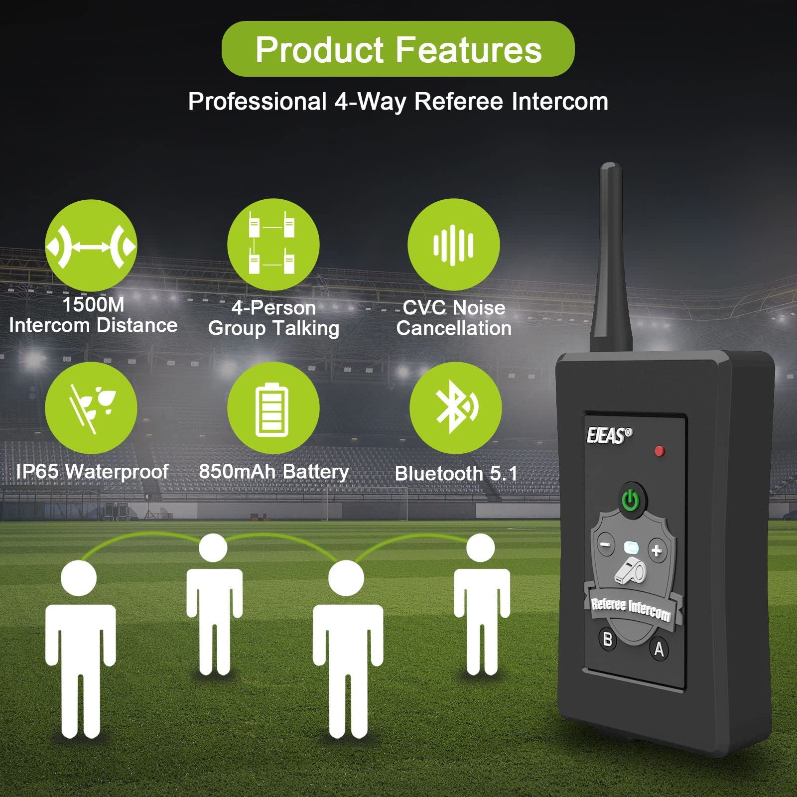 EJEAS FBIM Professional Referee Bluetooth Headset - 4-Way Wireless Communication System with 1500m Range, IP65 Waterproof & CVC Noise Cancellation for Coaches, Trainers, Security Personnel | Ideal for Sports Officiating, Team Training, and Event Security