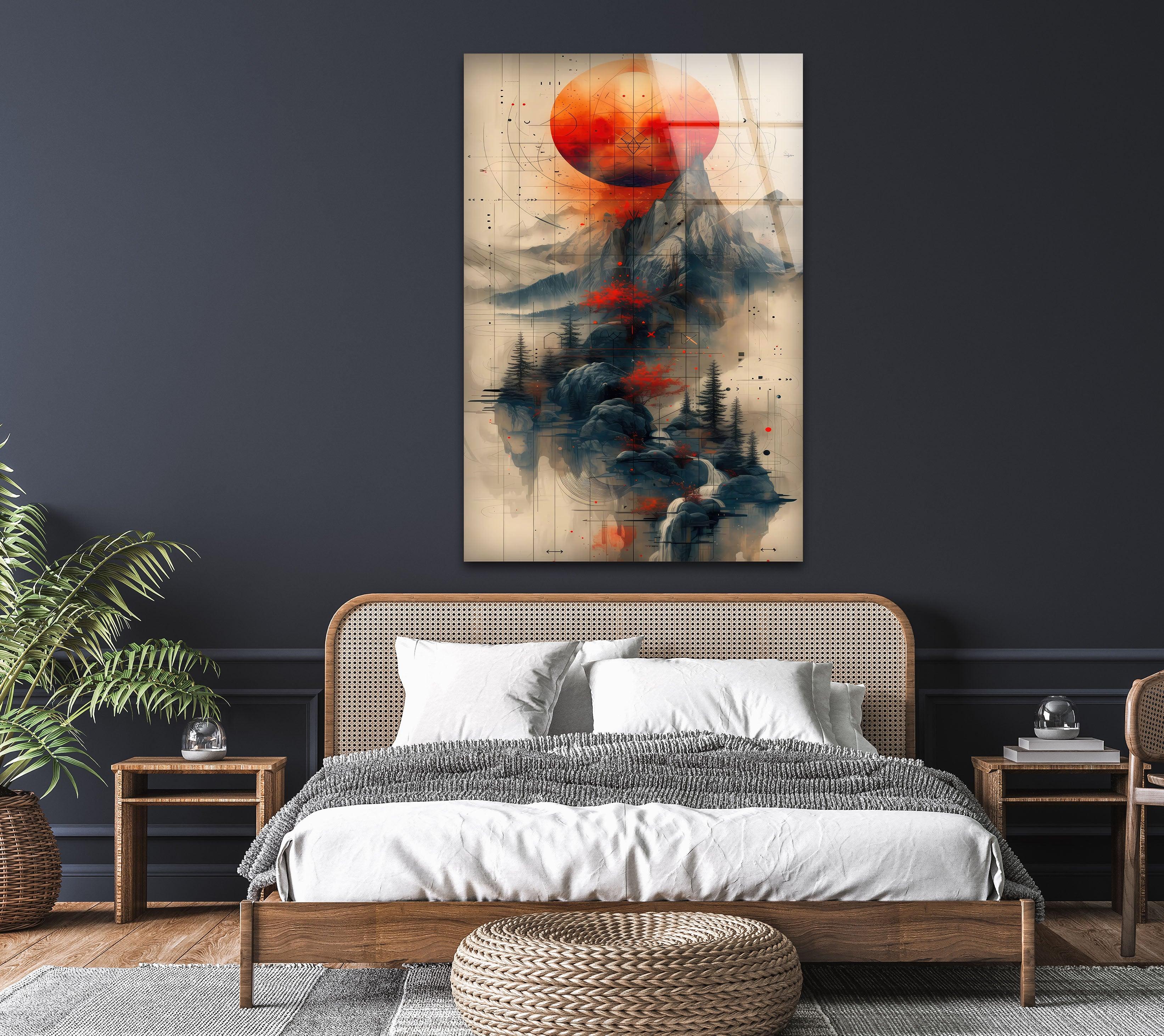 Abstract Mountain Glass Wall Art - Modern Red Sun Landscape Painting for Home & Office Decor | Perfect for Living Room, Bedroom, or Office Spaces