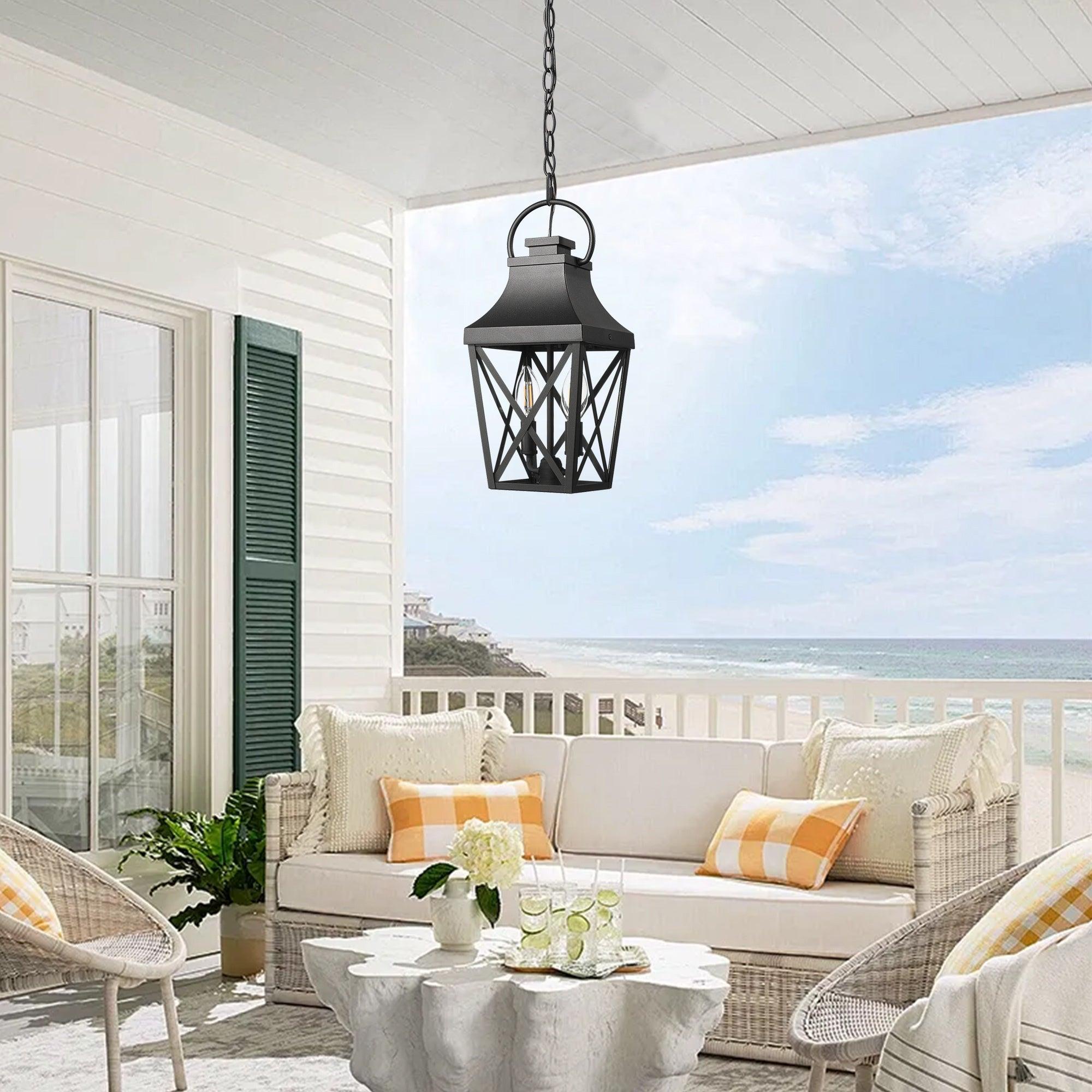 Black Outdoor Pendant Light Fixture - 2-Light Industrial Hanging Cage Chandelier with Clear Glass - Ceiling Mount for Porch, Entryway, Doorway, Farmhouse - Weatherproof & Durable (1 Pack) - Perfect for Patio, Deck, Garden & Outdoor Dining Areas
