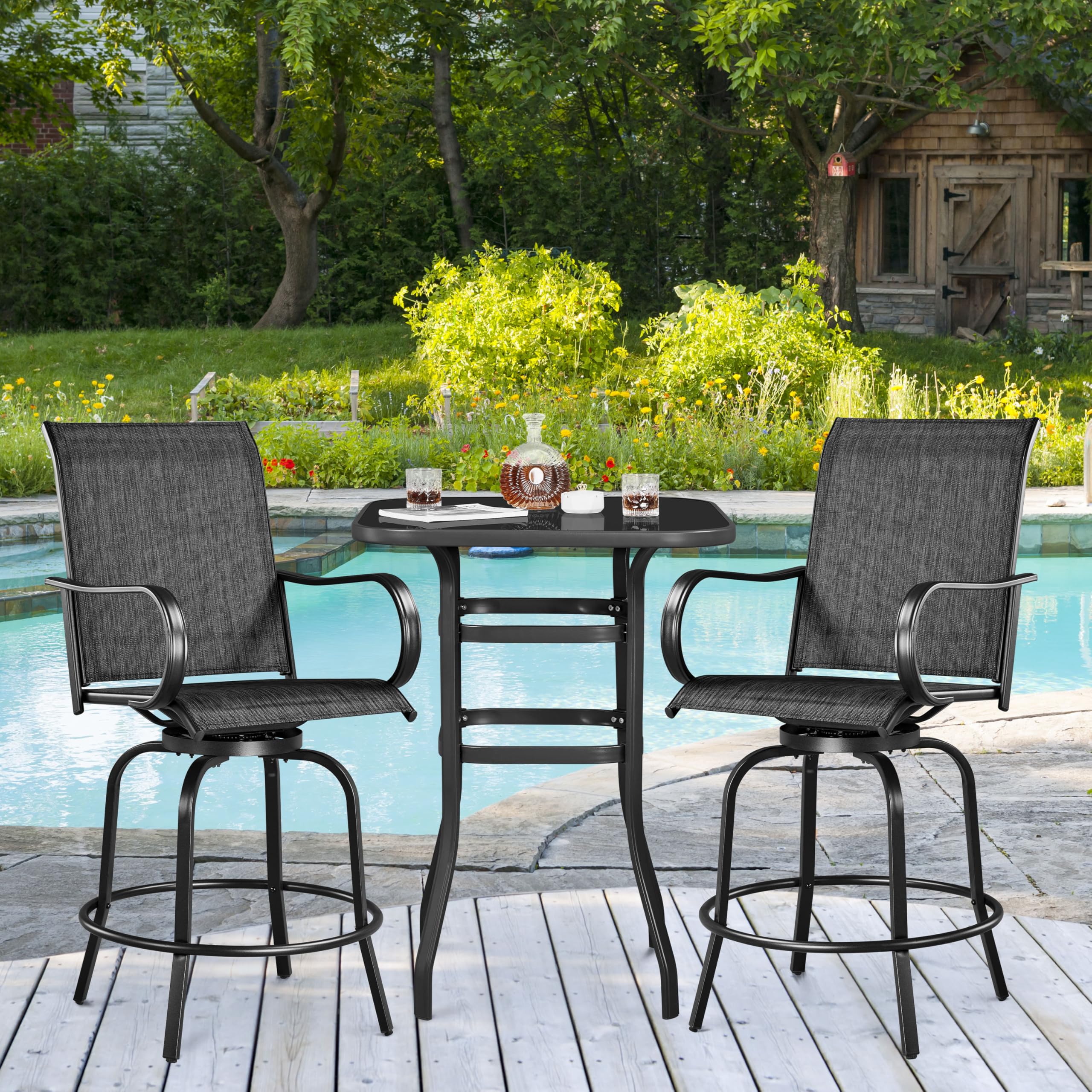 Yaheetech 4-Piece Outdoor Swivel Bar Stool Set - All-Weather High Bistro Chairs for Patio, Poolside, Beach, Garden & Lawn - Black Patio Furniture for Backyard, Deck & Outdoor Dining