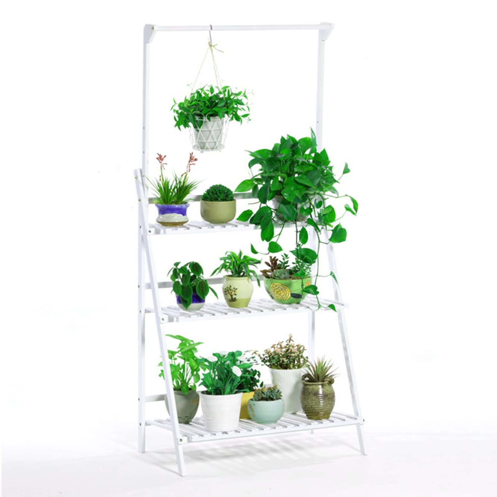 LIGUOYI 3-Tier Bamboo Plant Stand - Adjustable Hanging Flower Pot Holder Organizer for Indoor & Outdoor Use - Perfect for Patio, Garden, Living Room, Balcony & Bedroom Decor