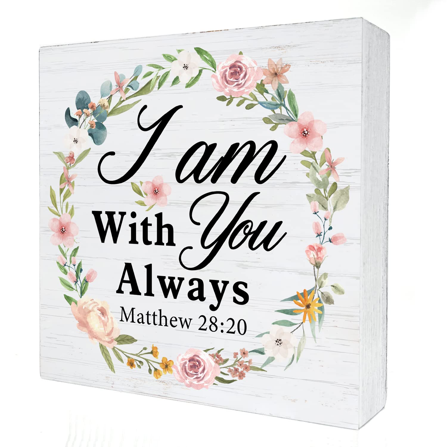 I Am with You Always Wooden Box Sign - Bible Verse Scripture Decor with Inspirational Sayings for Desk, Home Office, Shelf - Christian Gift & Wall Art for Faith-Based Spaces
