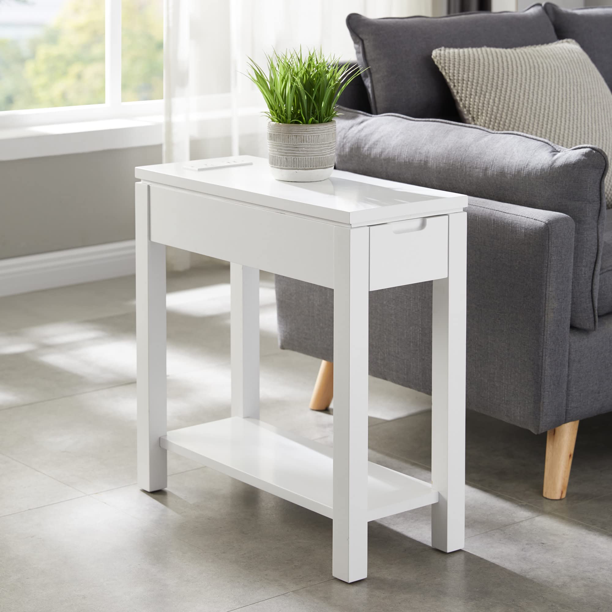 Leick Home 9080-WT White Wooden Side Table with Drawer & Built-in USB-C Fast Charging Station - Perfect for Living Room, Bedroom or Office Charging Needs
