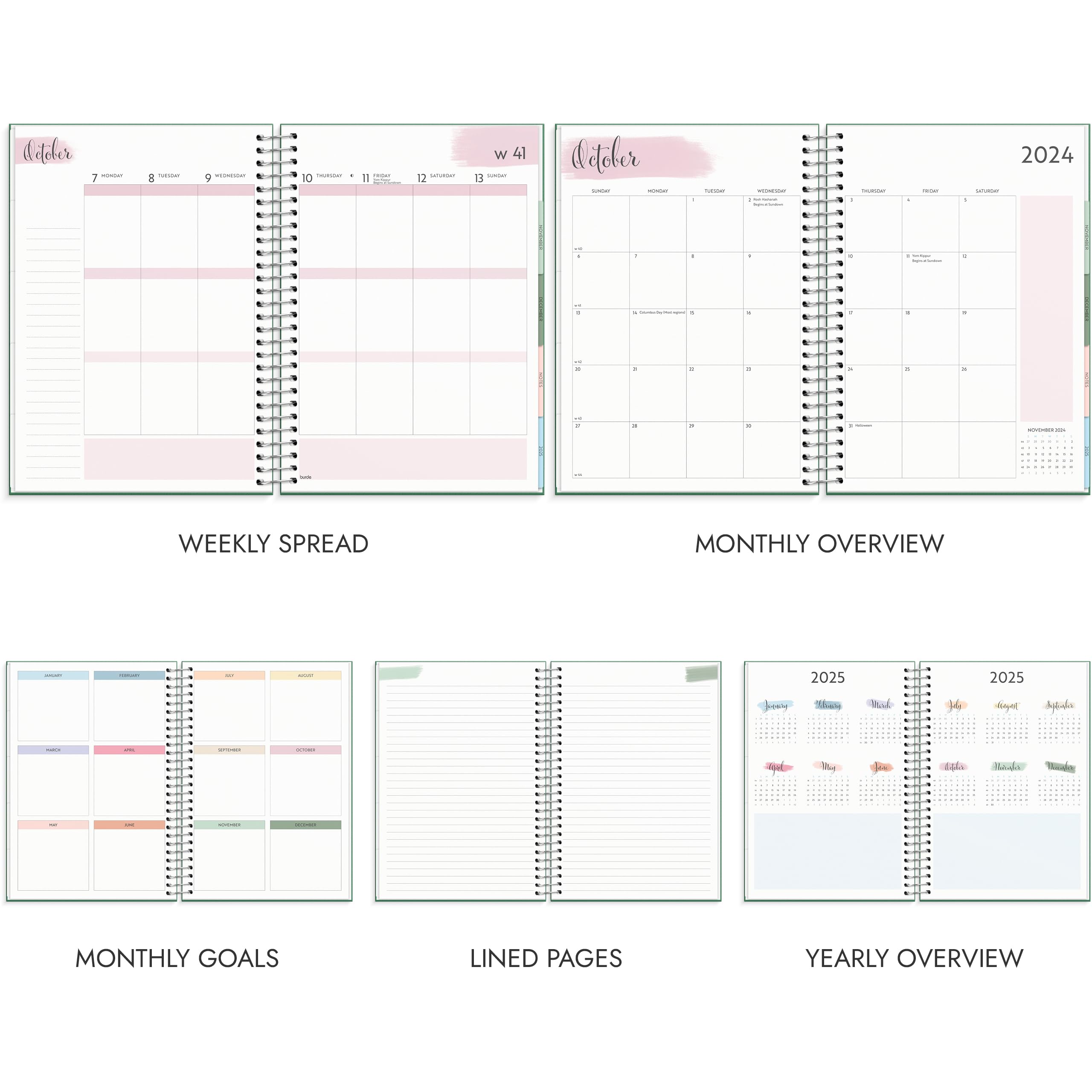 Burde Planner 2024-2025 - Green Hardcover Life Organizer with Silver Spiral Binding | Daily Weekly Monthly Planner & Scheduler | Thick Paper | Perfect for Work, School, and Personal Goal Tracking