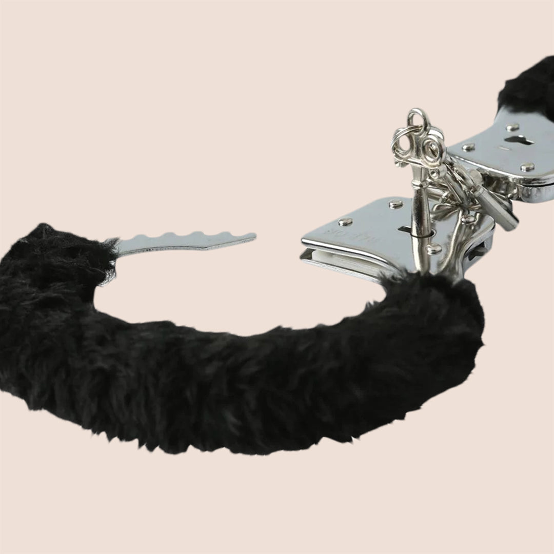 Sex & Mischief Black Furry Handcuffs - Nickel Free Metal Bondage Restraints for Couples Play, BDSM, Roleplay & Spicy Bedroom Fun