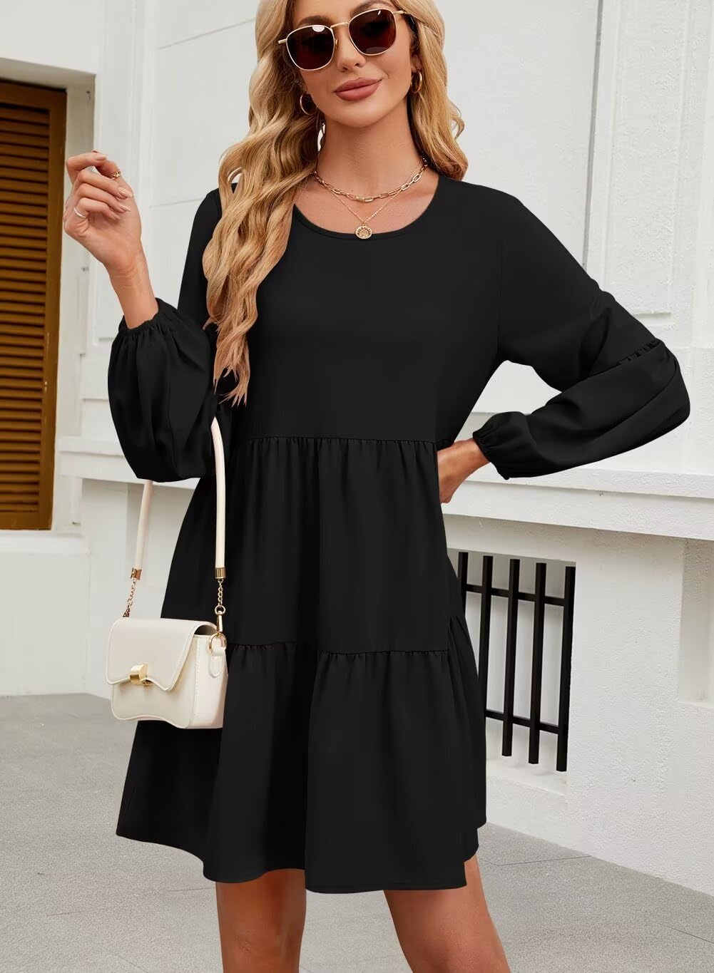 QACOHU Women's Summer Babydoll Dress 2025 - Spring Crew Neck Long Sleeve Flowy Swing Tunic Mini Dress | Casual Wear, Beach Outfit, Party Dress, Date Night & Vacation Style