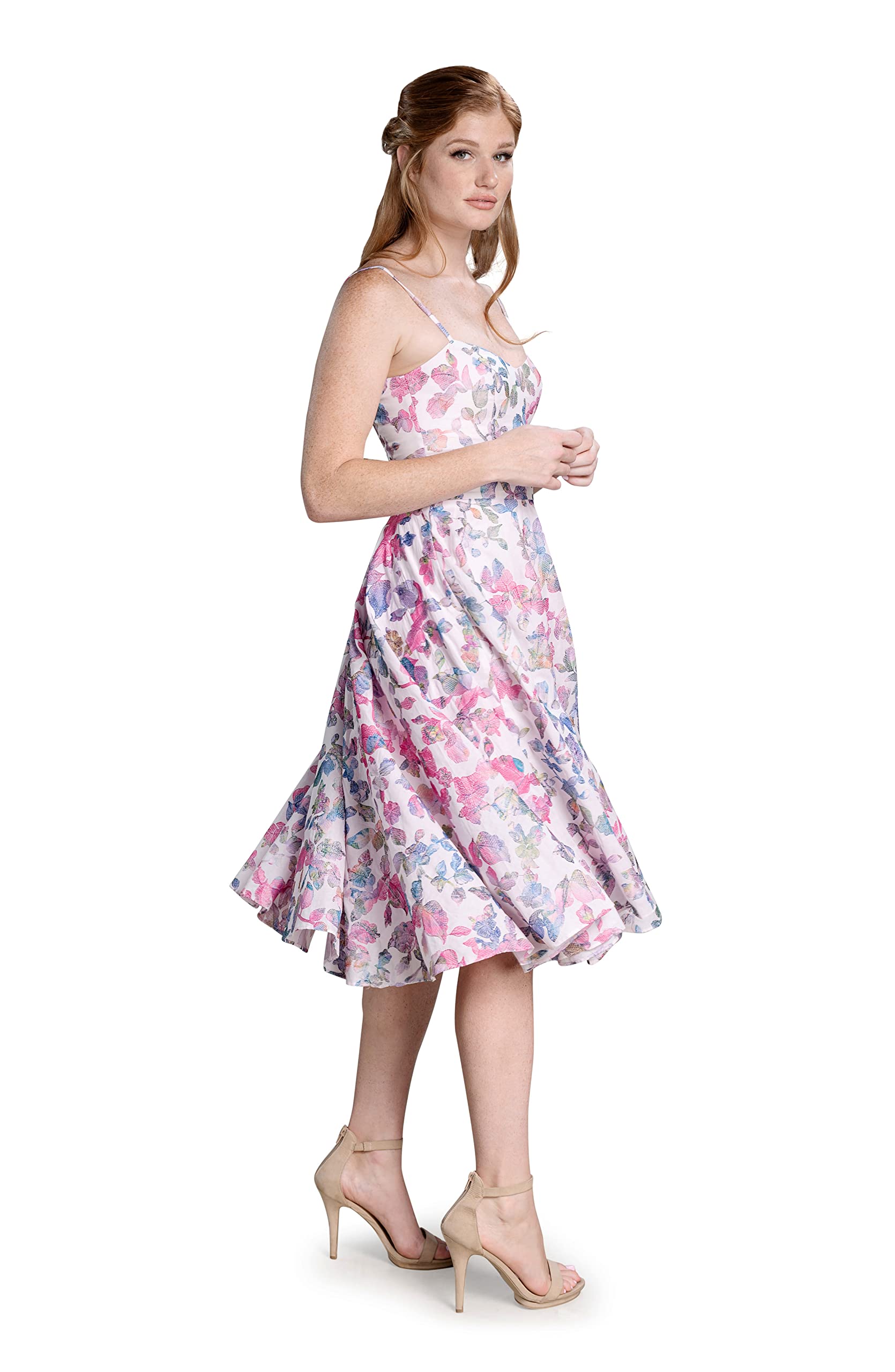Dress the Population Women's Meadow Fit and Flare Midi Dress - Floral Print A-Line Summer Dress for Wedding Guest, Cocktail Party & Date Night