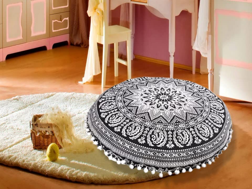 Boho Mandala Round Floor Seating Cushion Cover Only - 22 Inch Meditation Pouf Pillow Case for Yoga, Ottoman & Hippie Decor (Black White, No Filler) - Perfect for Home Decor, Meditation Spaces & Bohemian Living Rooms