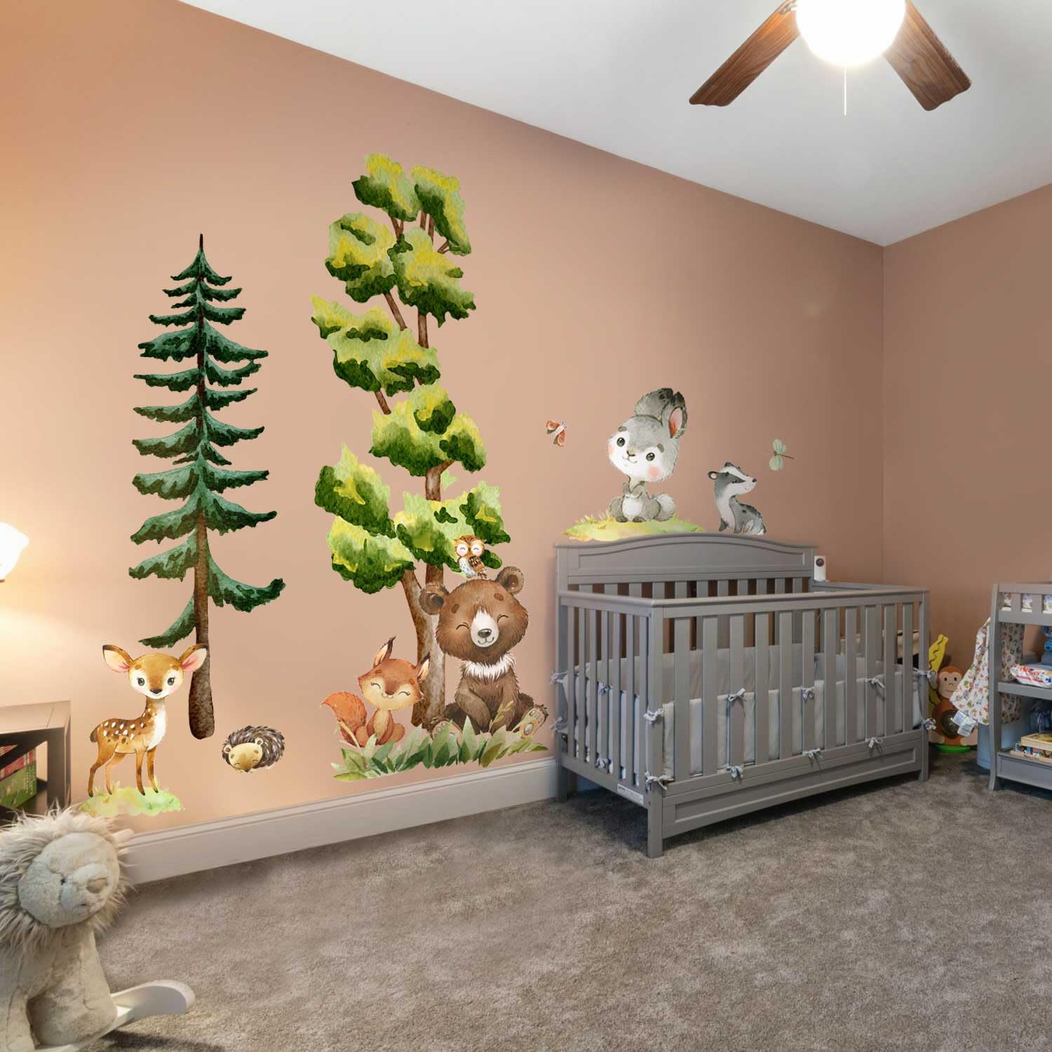 Large Pine Tree Watercolor Wall Stickers - Peel and Stick Transparent PVC Woodland Animals Wall Decals for Nursery, Kids Room Decor | Perfect for Girls Bedroom, Boys Playroom & Children's Room Wall Art