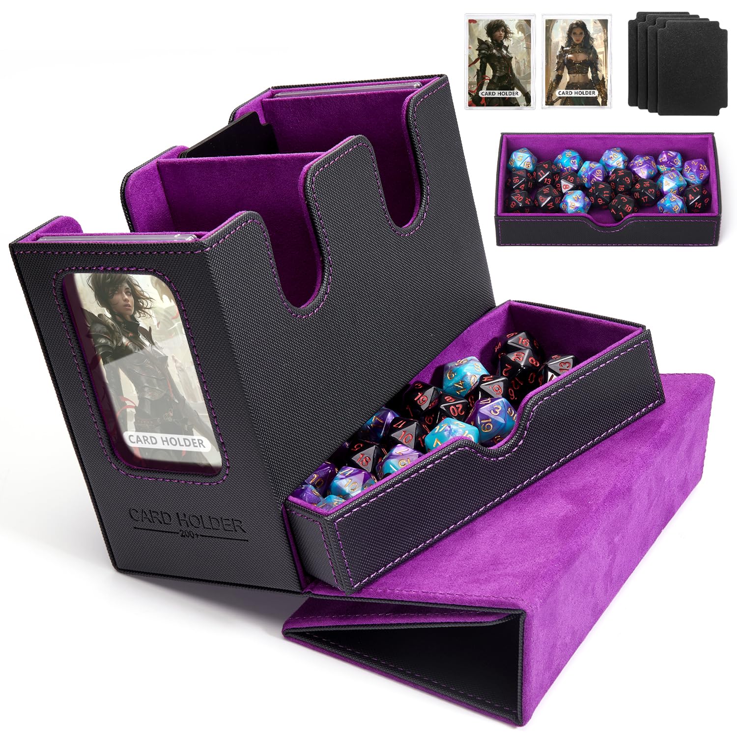Premium MTG Commander Deck Box with Dice Tray - Holds 230+ Magic TCG/CCG Cards - 4-in-1 Storage Case with 4 Dividers (Black/Purple) - Perfect for Game Nights, Tournaments & Card Collection Organization