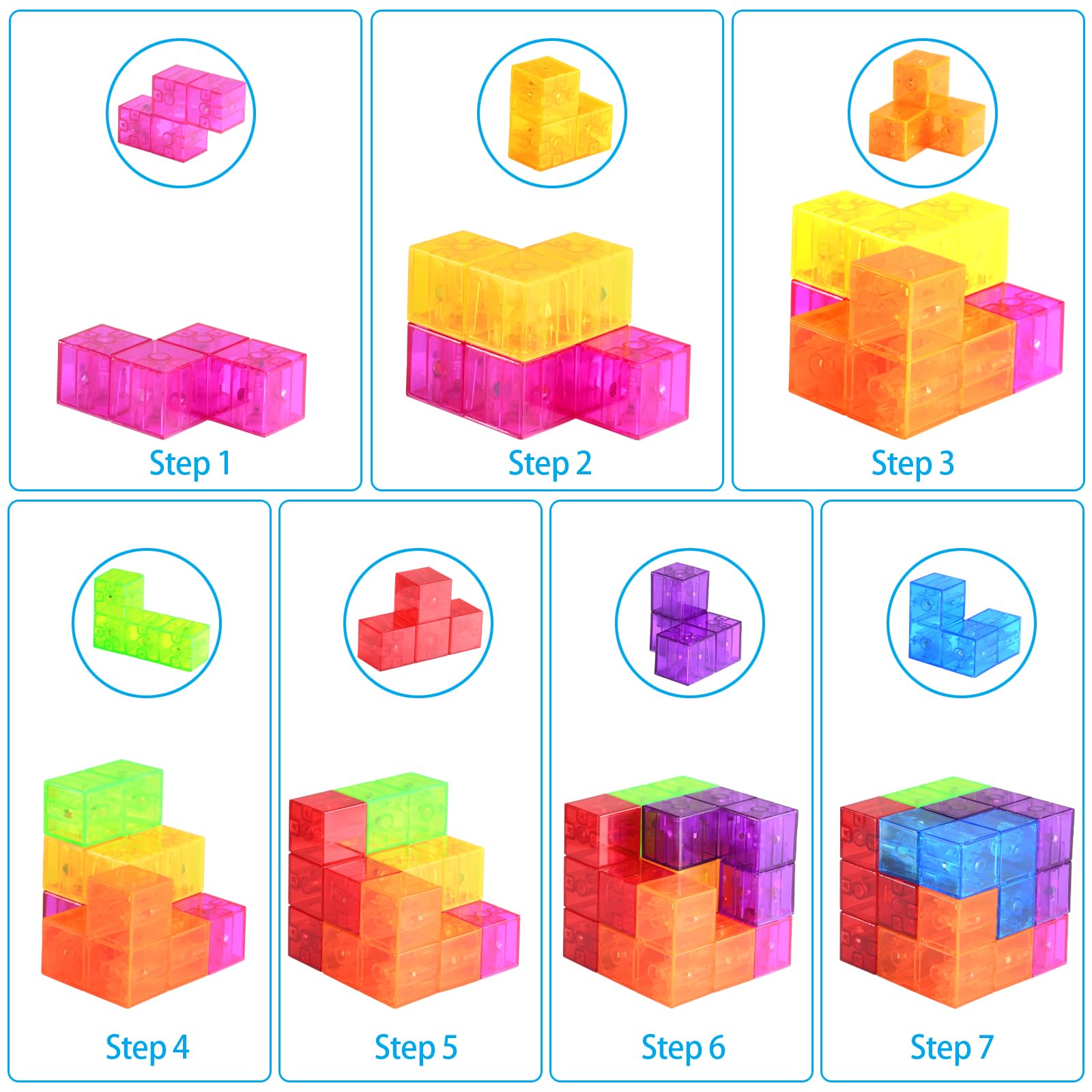Magnetic Building Blocks Set - 7 Multi-Shape 3D Puzzle Cubes with 54 Guide Cards | STEM Educational Toys for Toddlers & Kids | Montessori Learning Toys for Boys & Girls | Perfect for Classroom, Home Play & Creative Development
