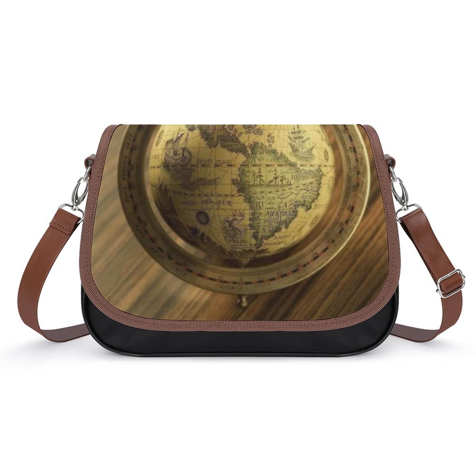 Stylish Leather Crossbody Bags for Women - Designer Shoulder Messenger Purse with Printed Flap Retro Globe Pattern | Perfect for Travel, Work & Everyday Use