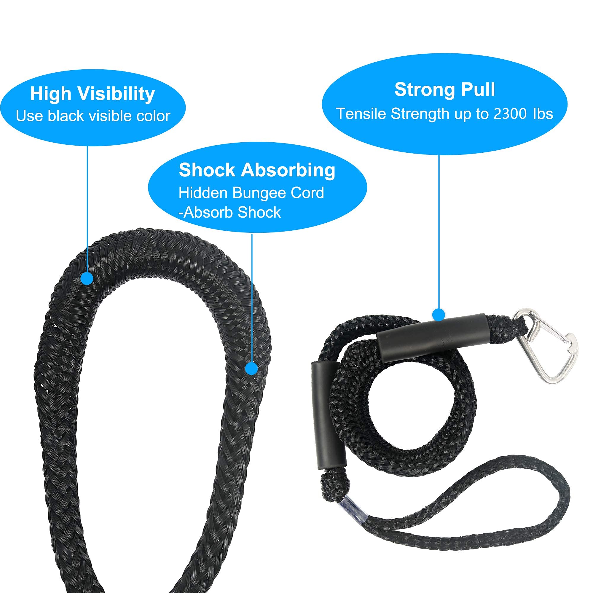 Boat Bungee Dock Lines 4 Pack - Marine Rope for Pontoon & Kayak - Black