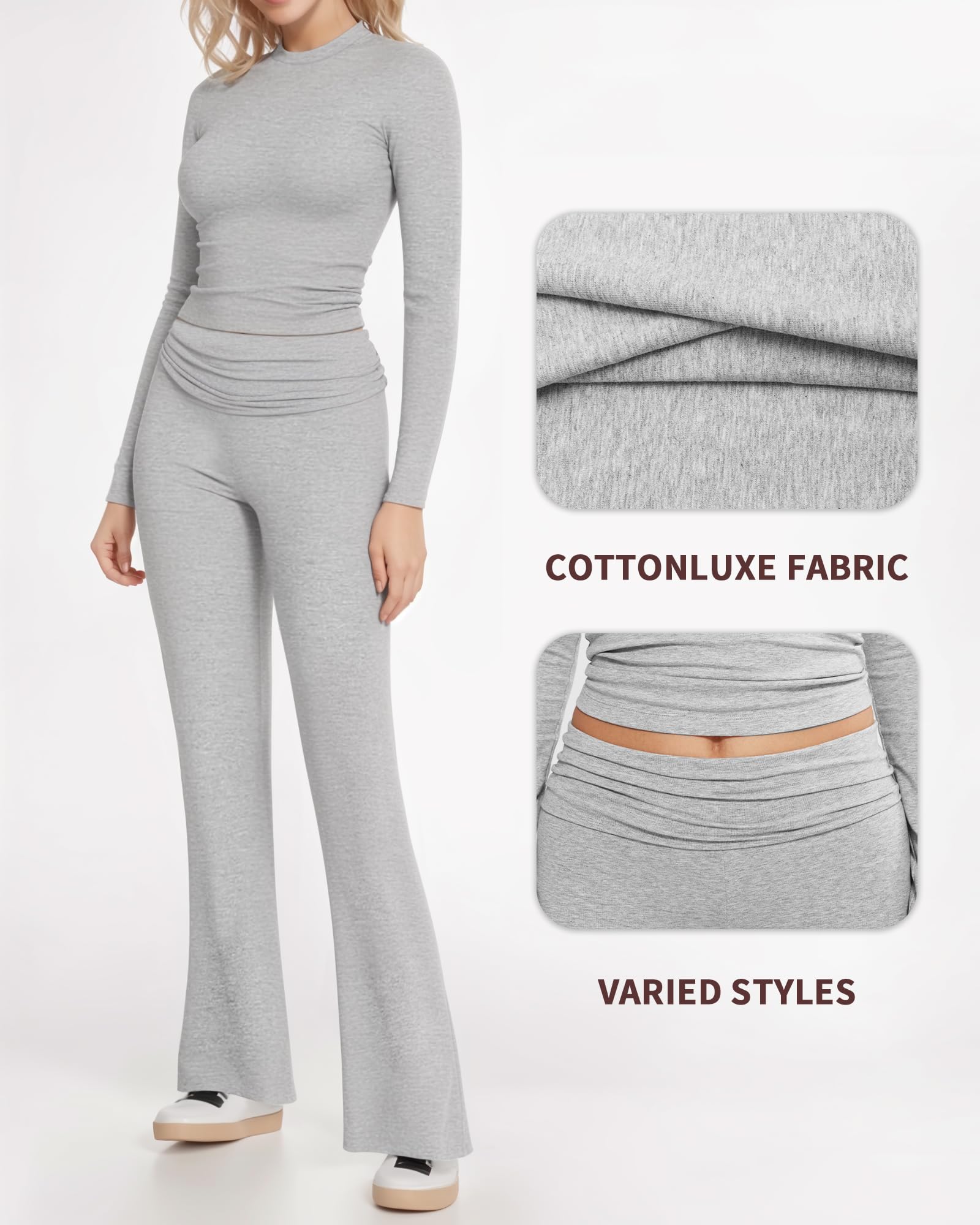 MANGOPOP Women's 2-Piece Lounge Set - Fold Over Flare Pants & Long Sleeve Shirt Casual Outfit | Comfortable Loungewear for Home, Yoga & Relaxation