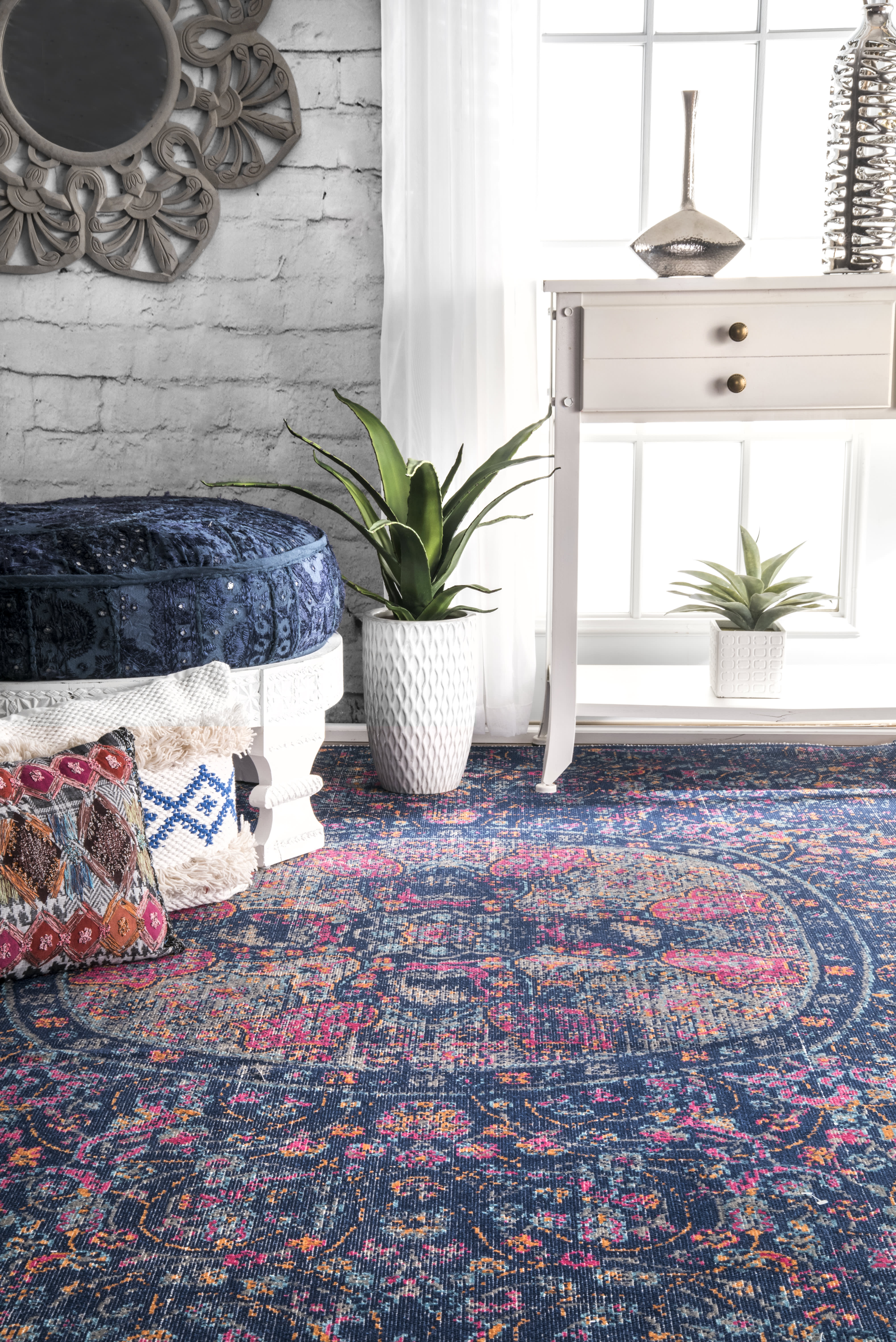 Floral Mandala Area Rug - Navy Blue Bohemian Design for Living Room, Bedroom, or Meditation Space