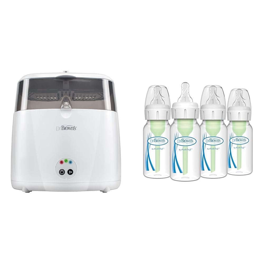 Dr. Brown's Deluxe Baby Bottle Sterilizer - Electric Steam Sterilizing System for Bottles, Pacifiers & Baby Essentials | Anti-Colic BPA-Free 4oz Narrow Neck Bottles (4-Pack) | Perfect for Newborns & Travel Use